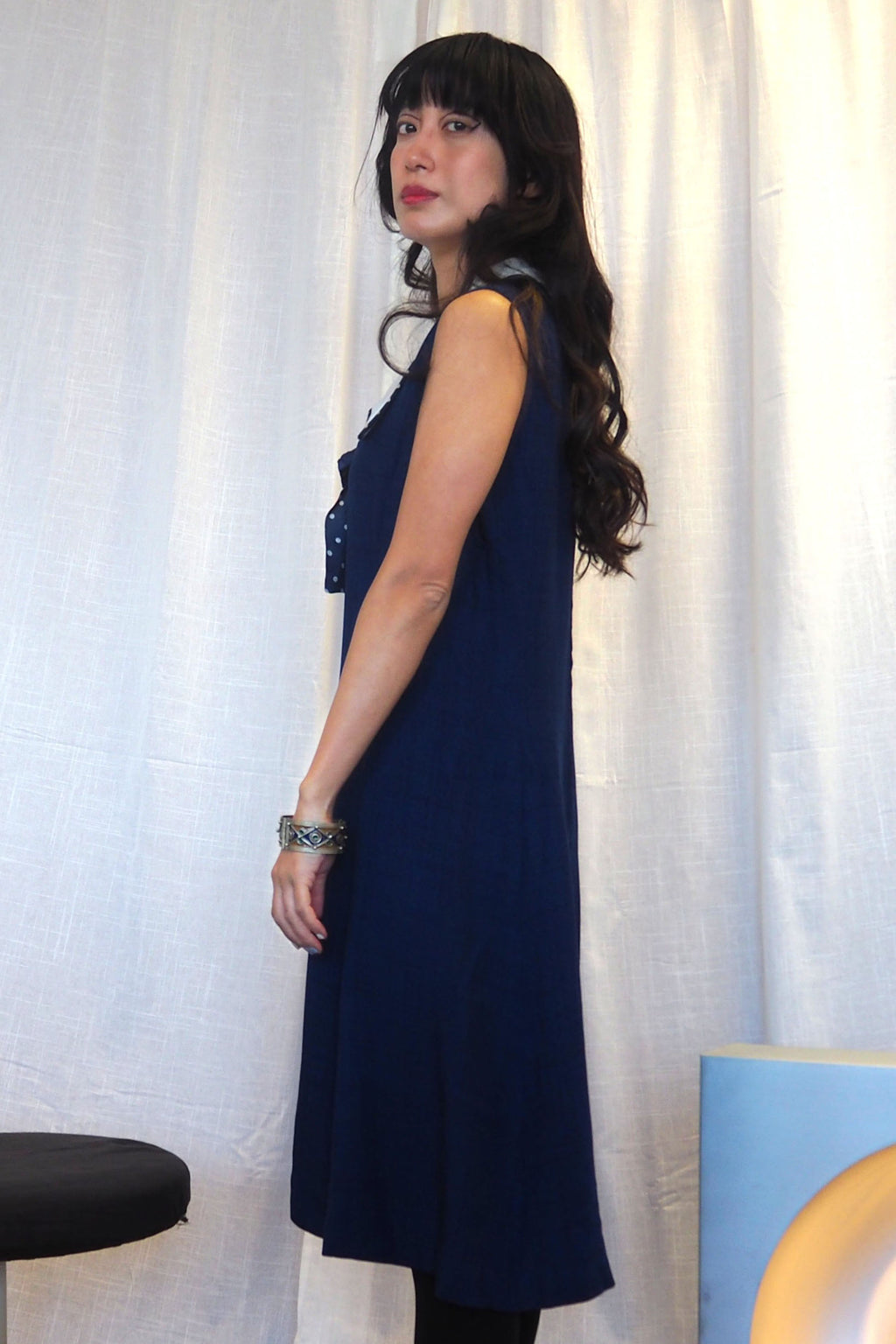 60's Navy Polka Dot Collar Midi Dress
