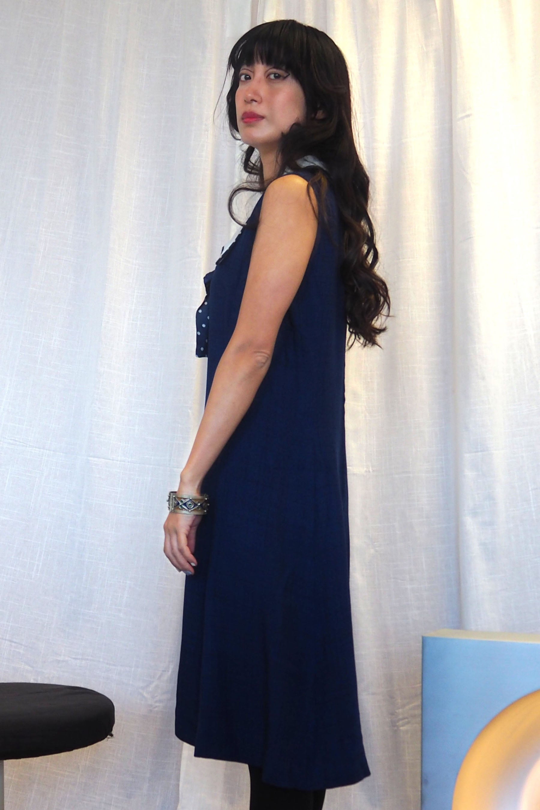 60's Navy Polka Dot Collar Midi Dress