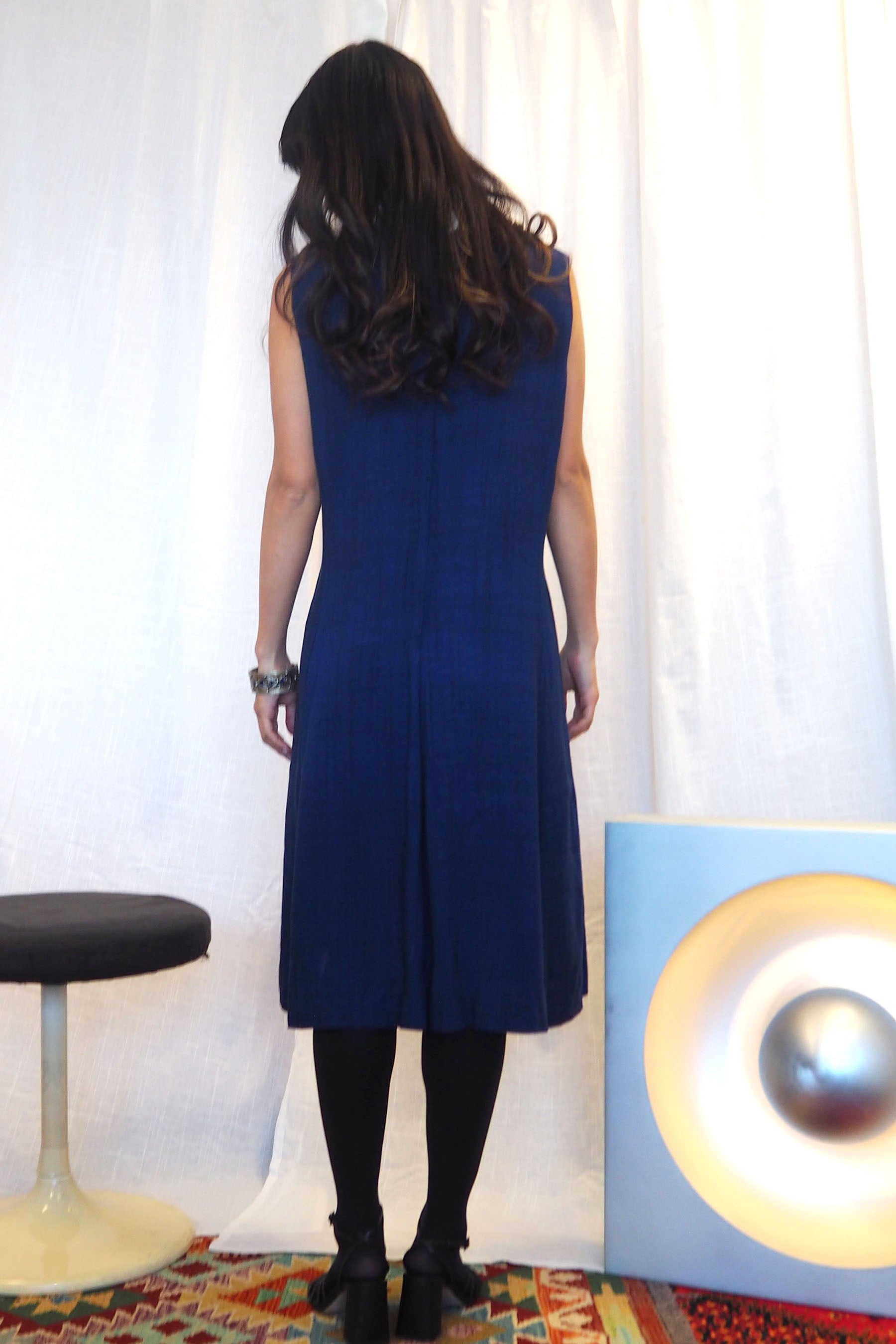 60's Navy Polka Dot Collar Midi Dress
