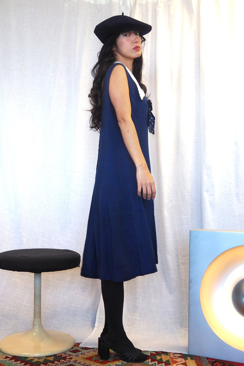 60's Navy Polka Dot Collar Midi Dress