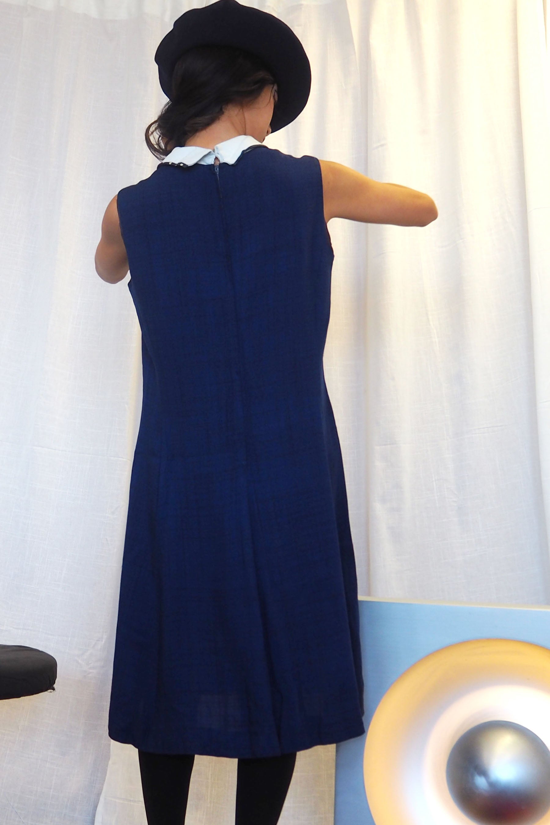 60's Navy Polka Dot Collar Midi Dress