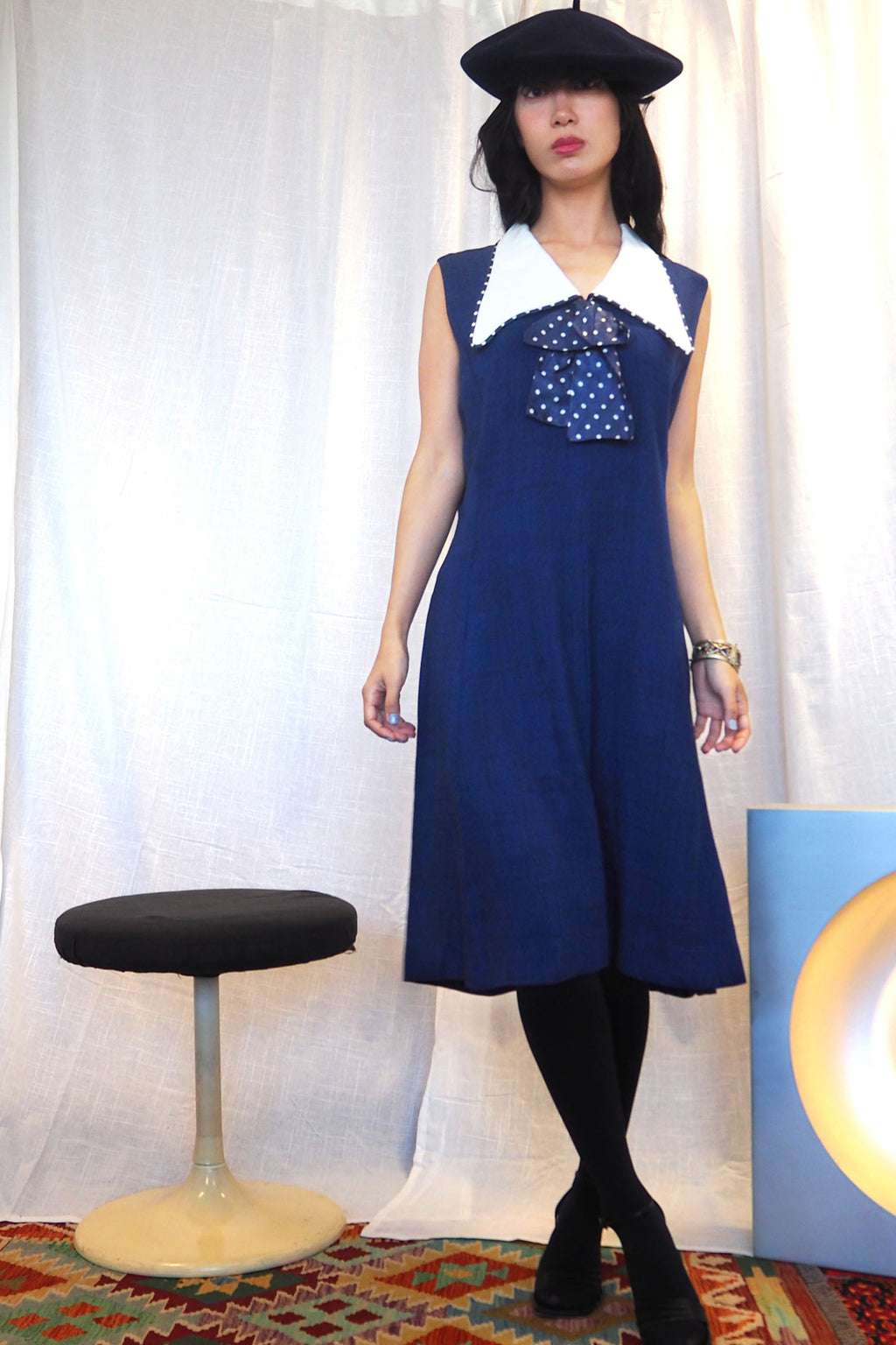 60's Navy Polka Dot Collar Midi Dress