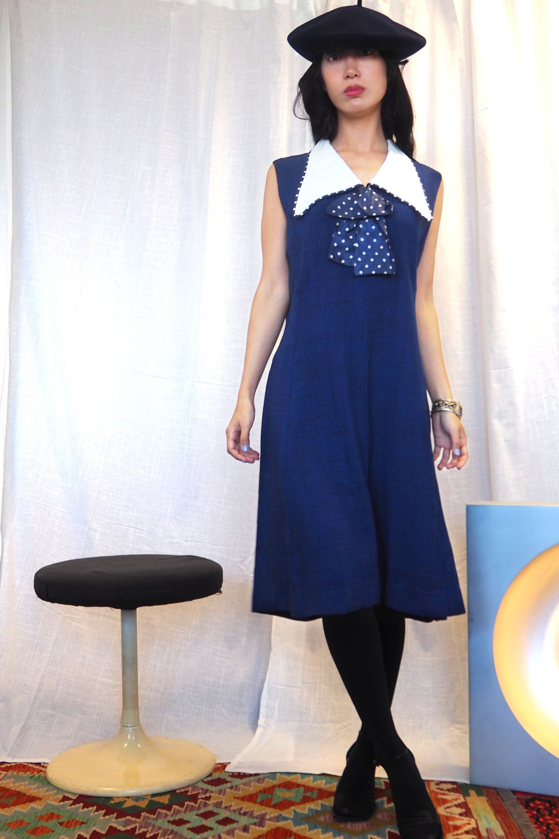 60's Navy Polka Dot Collar Midi Dress