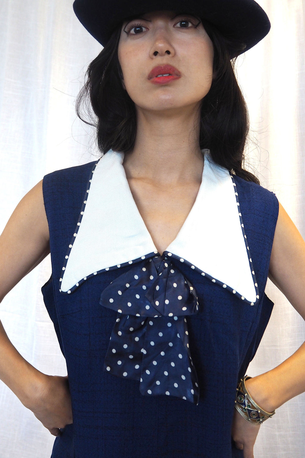 60's Navy Polka Dot Collar Midi Dress