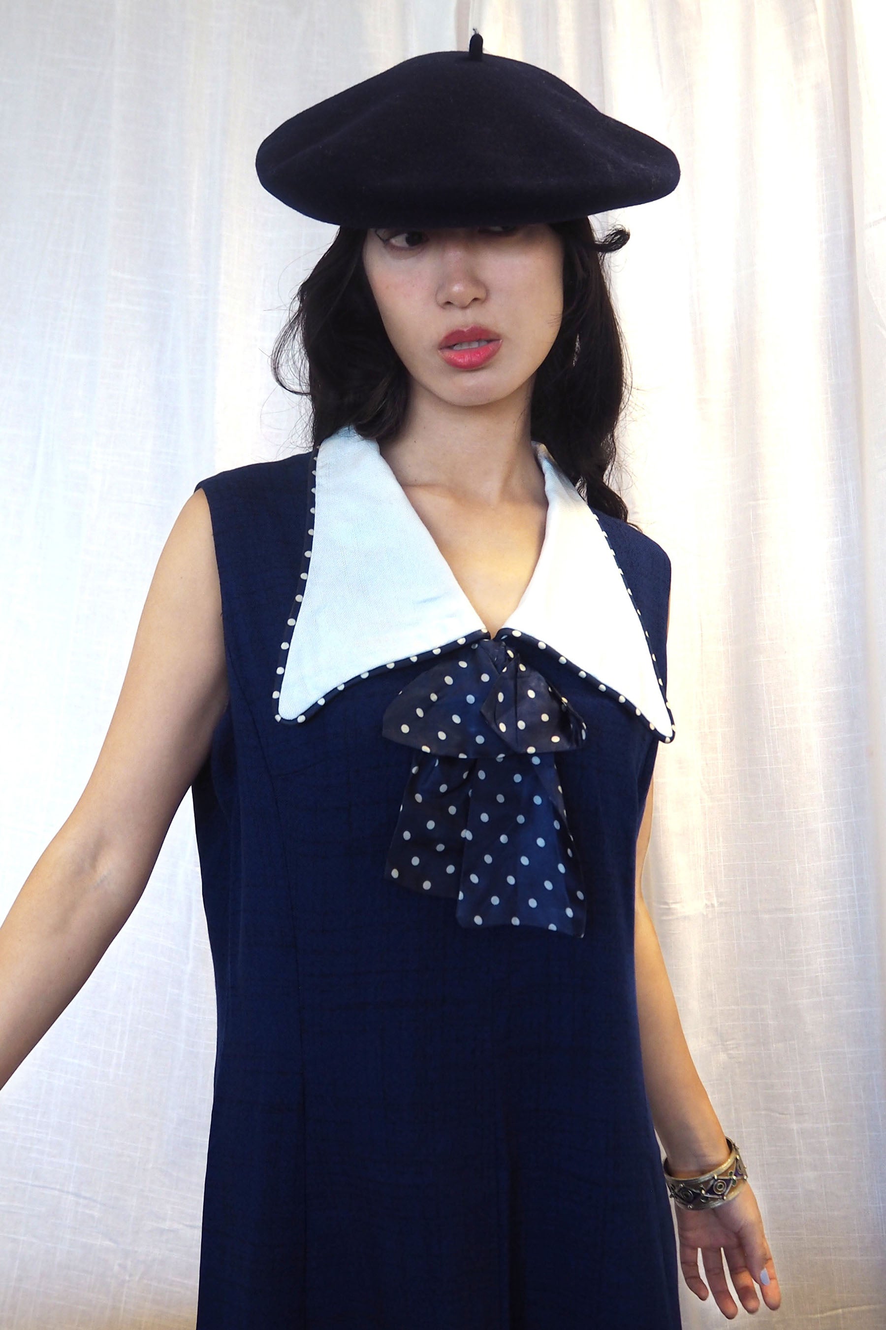 60's Navy Polka Dot Collar Midi Dress