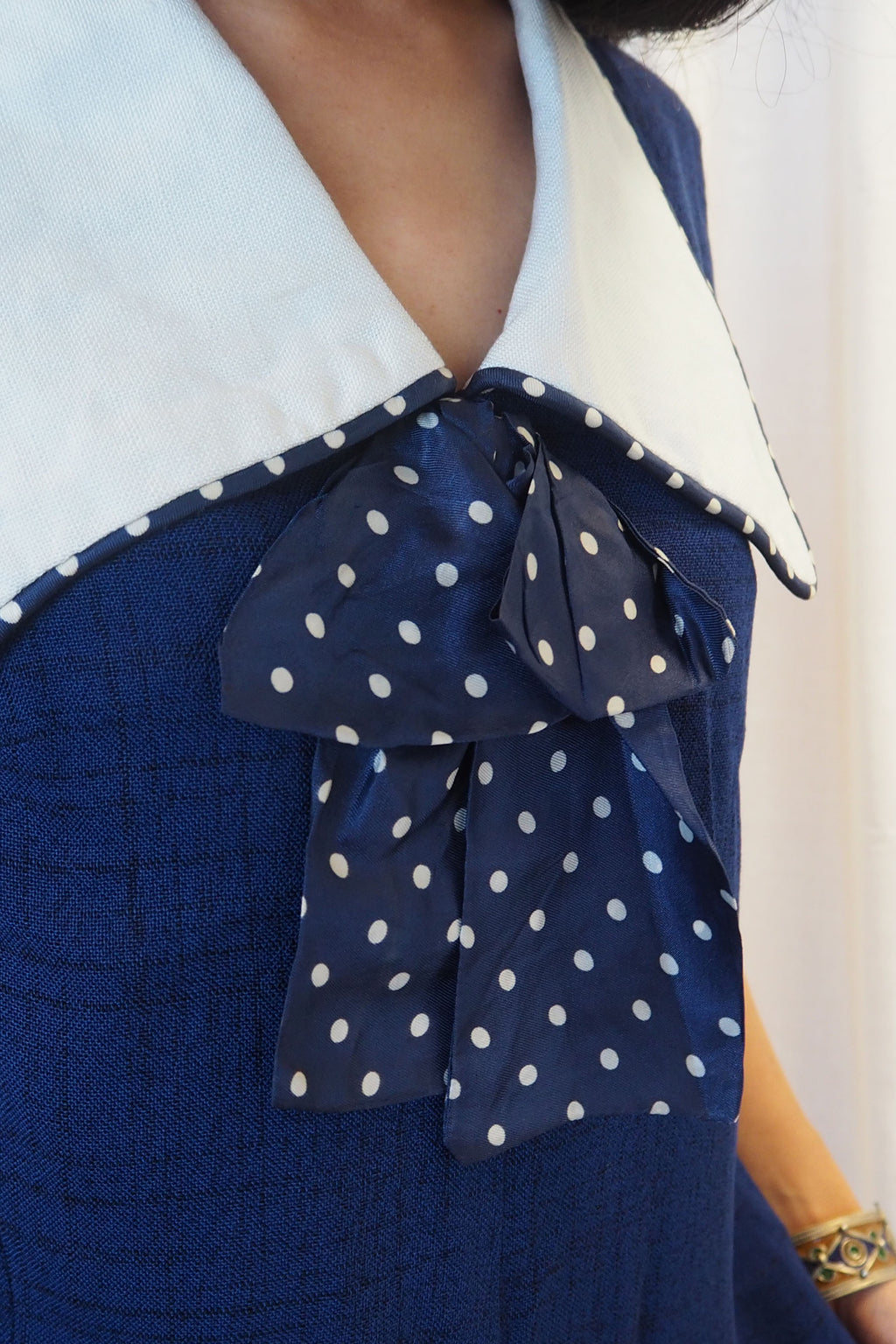 60's Navy Polka Dot Collar Midi Dress
