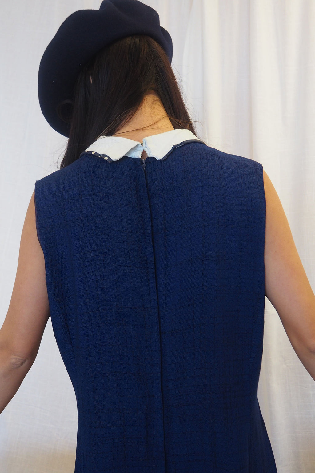 60's Navy Polka Dot Collar Midi Dress
