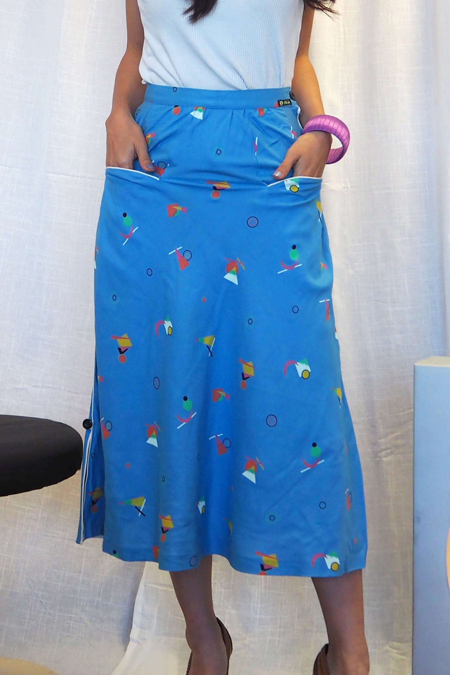 70's-80's Creations Desir Art Deco Pattern Skirt Light Blue