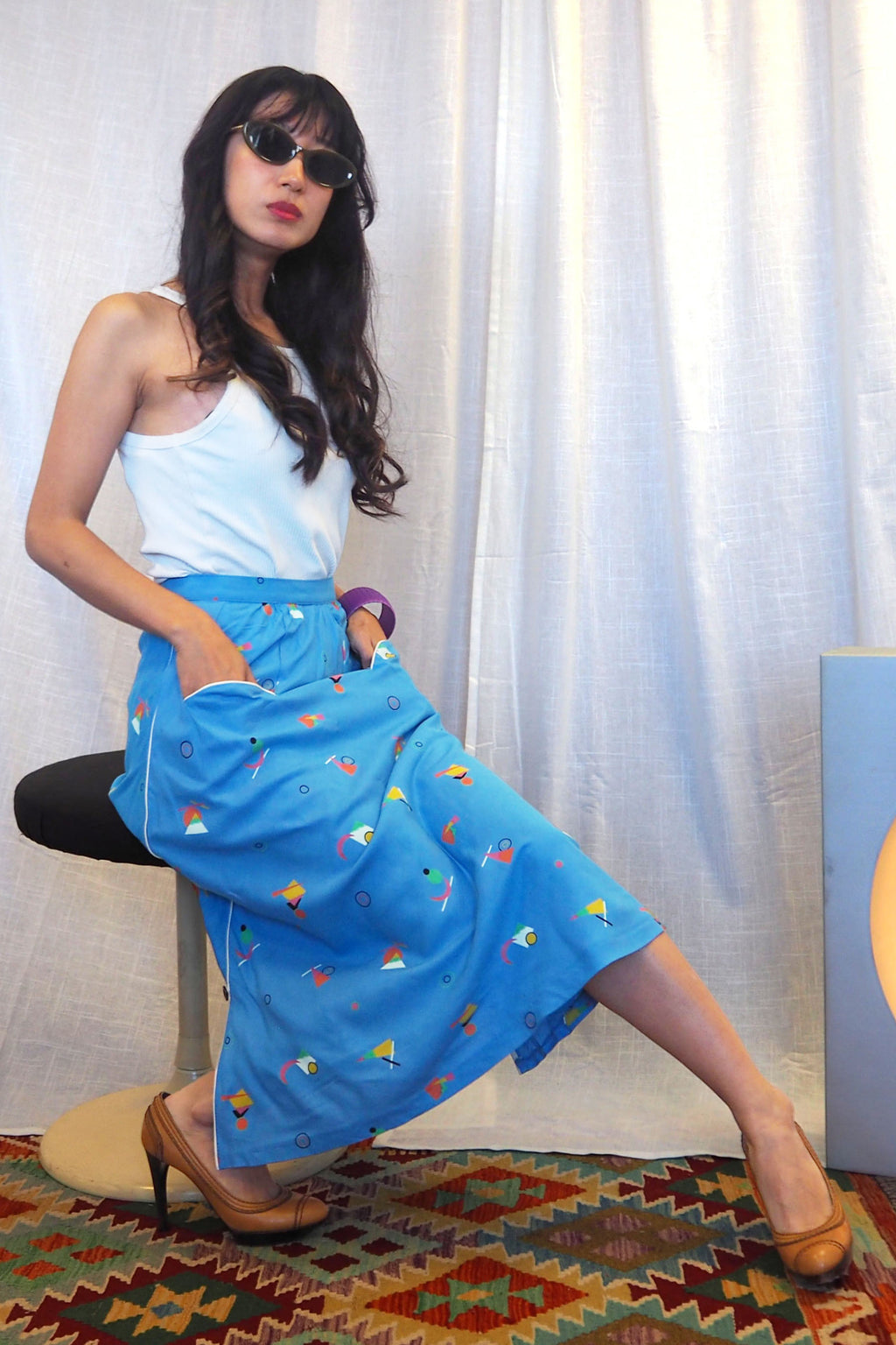 70's-80's Creations Desir Art Deco Pattern Skirt Light Blue