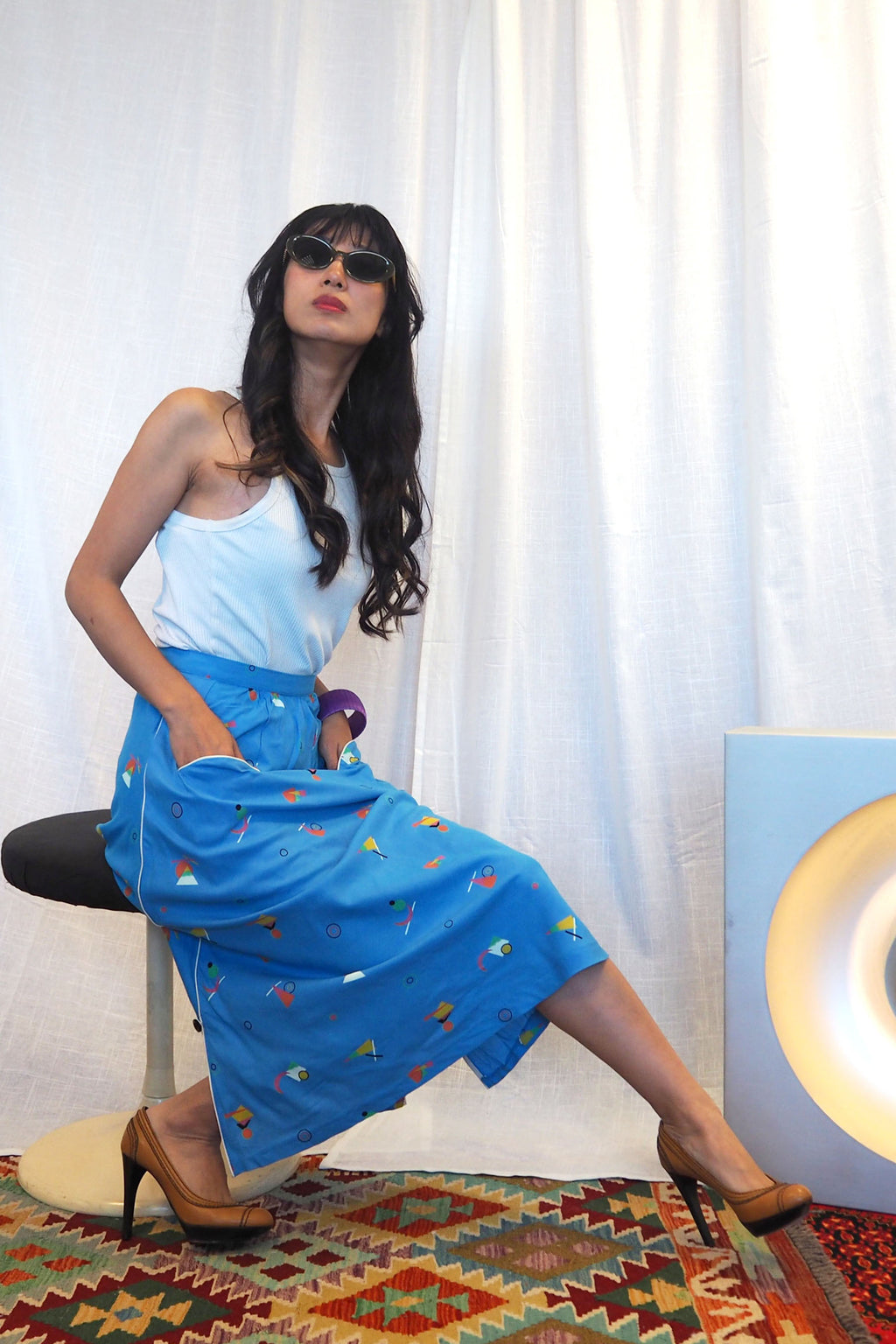 70's-80's Creations Desir Art Deco Pattern Skirt Light Blue