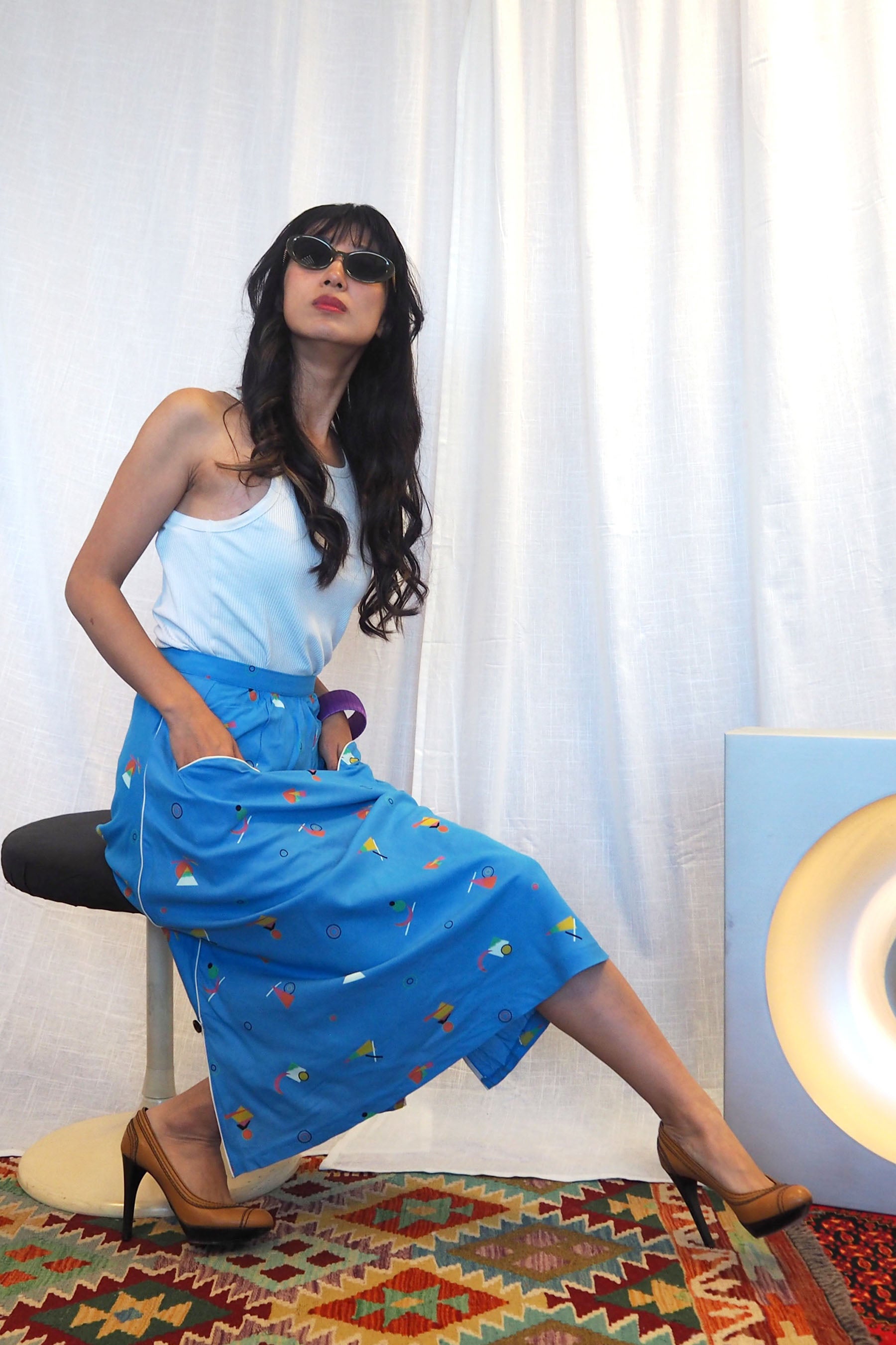 70's-80's Creations Desir Art Deco Pattern Skirt Light Blue