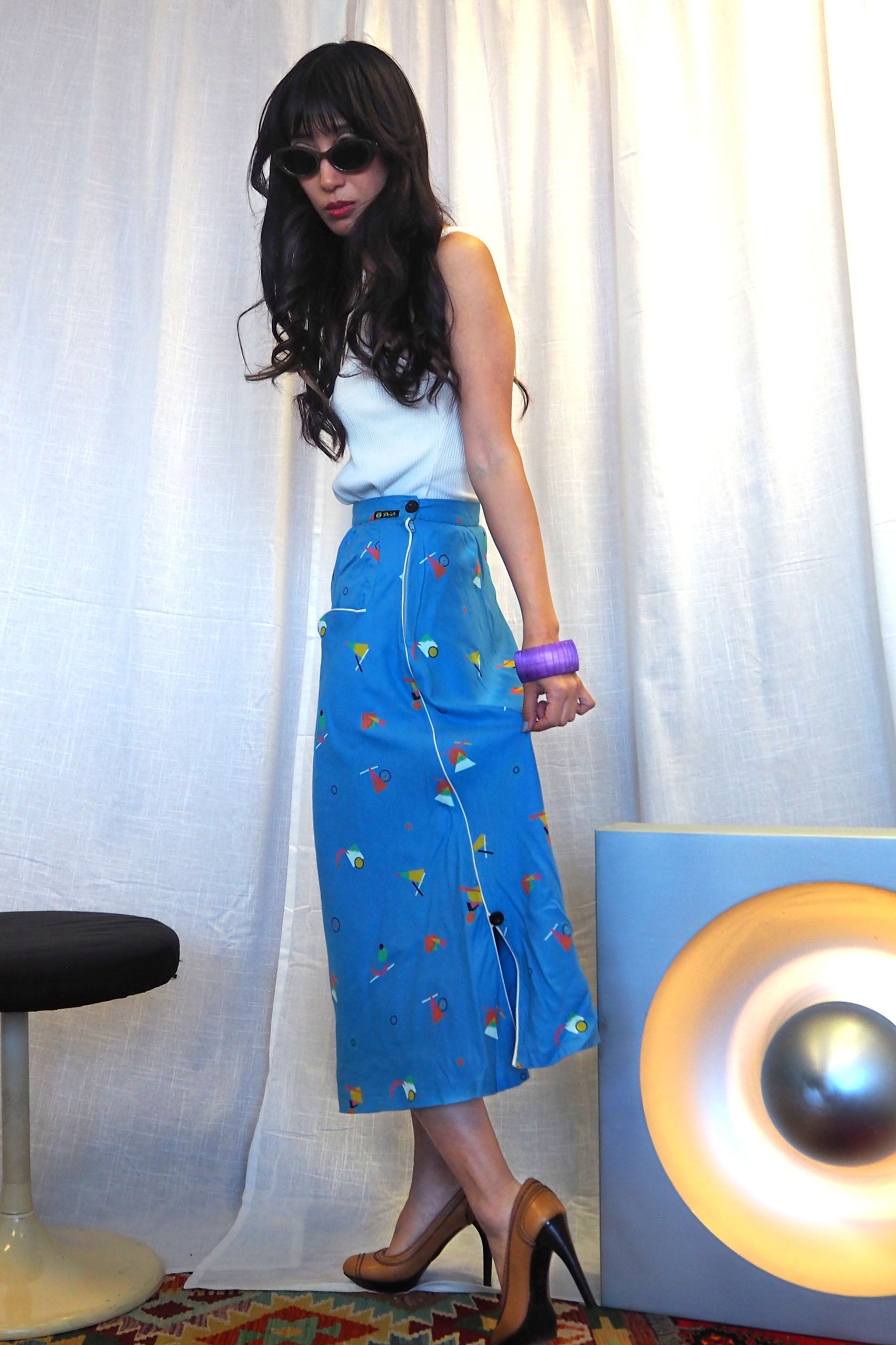 70's-80's Creations Desir Art Deco Pattern Skirt Light Blue