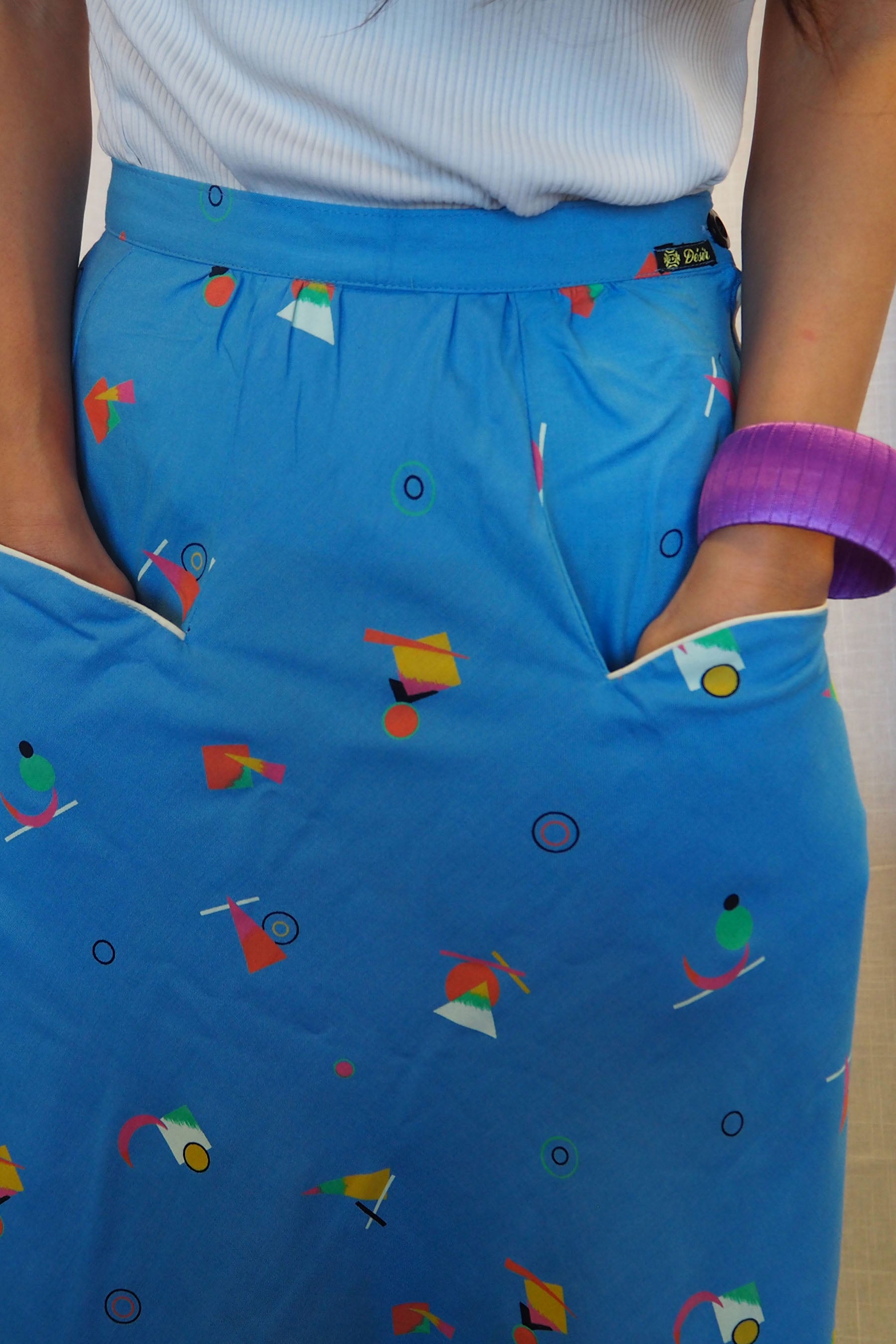70's-80's Creations Desir Art Deco Pattern Skirt Light Blue