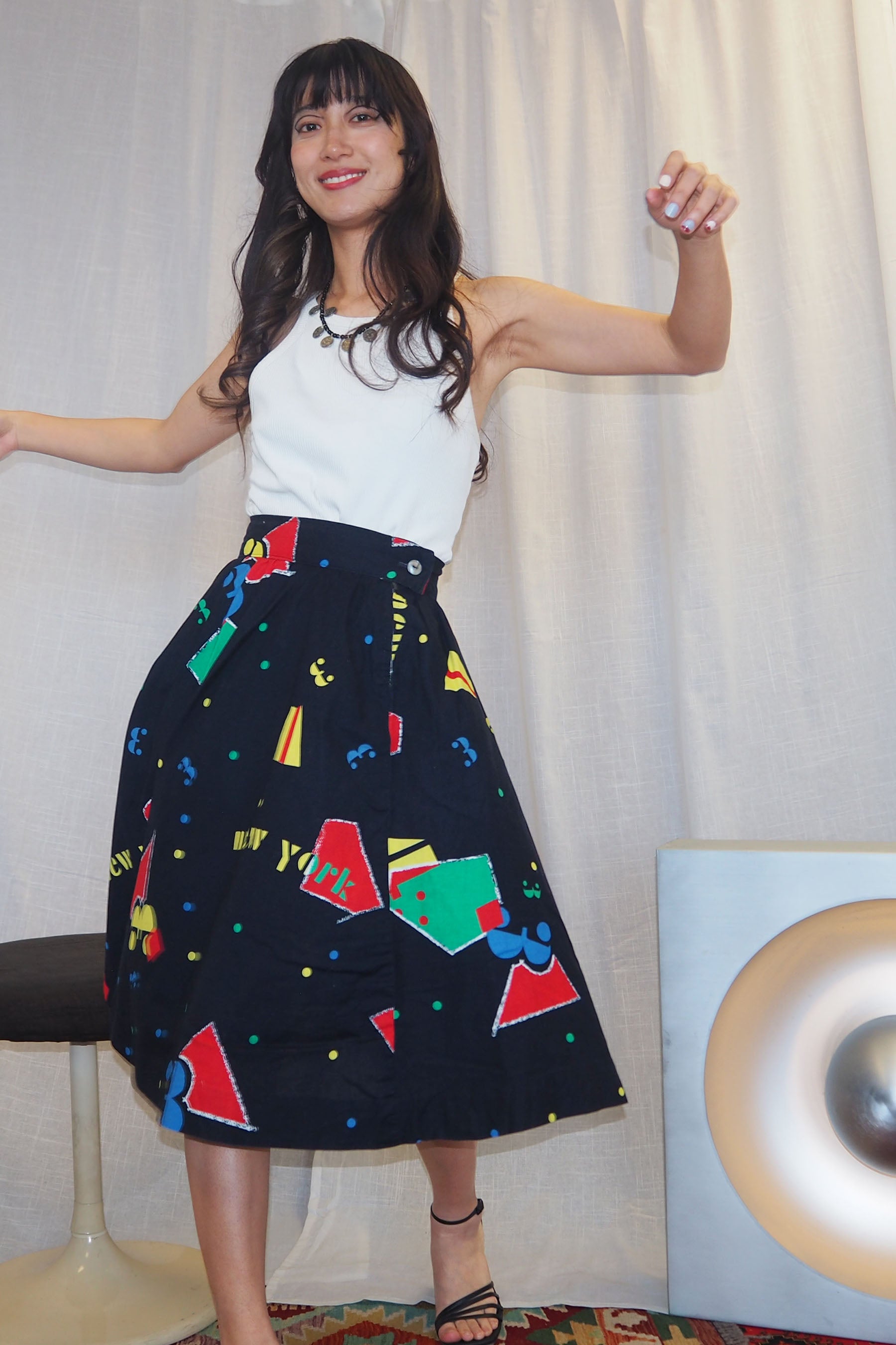 80's Geometric Pattern Circular Skirt Black