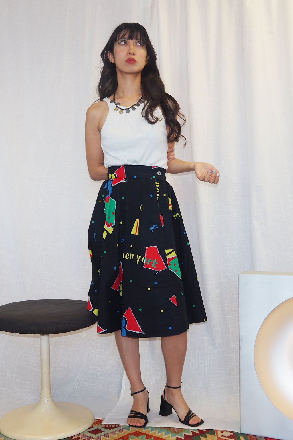 80's Geometric Pattern Circular Skirt Black