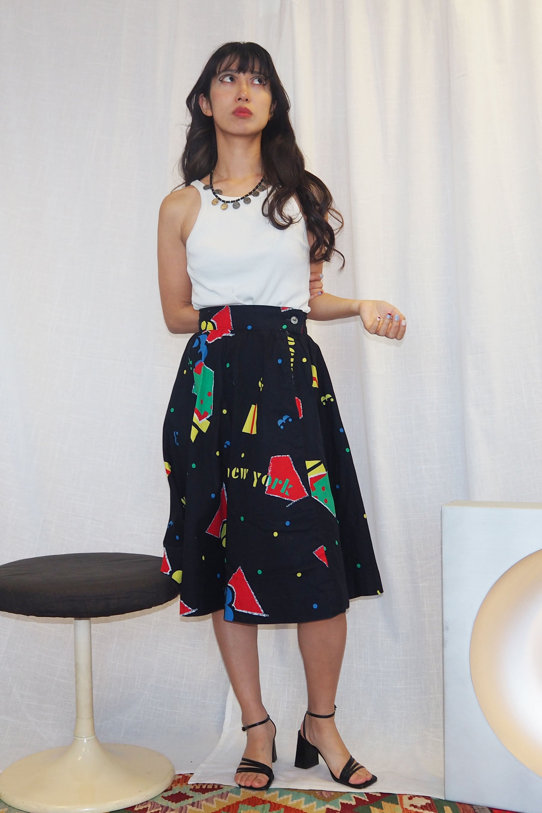 80's Geometric Pattern Circular Skirt Black