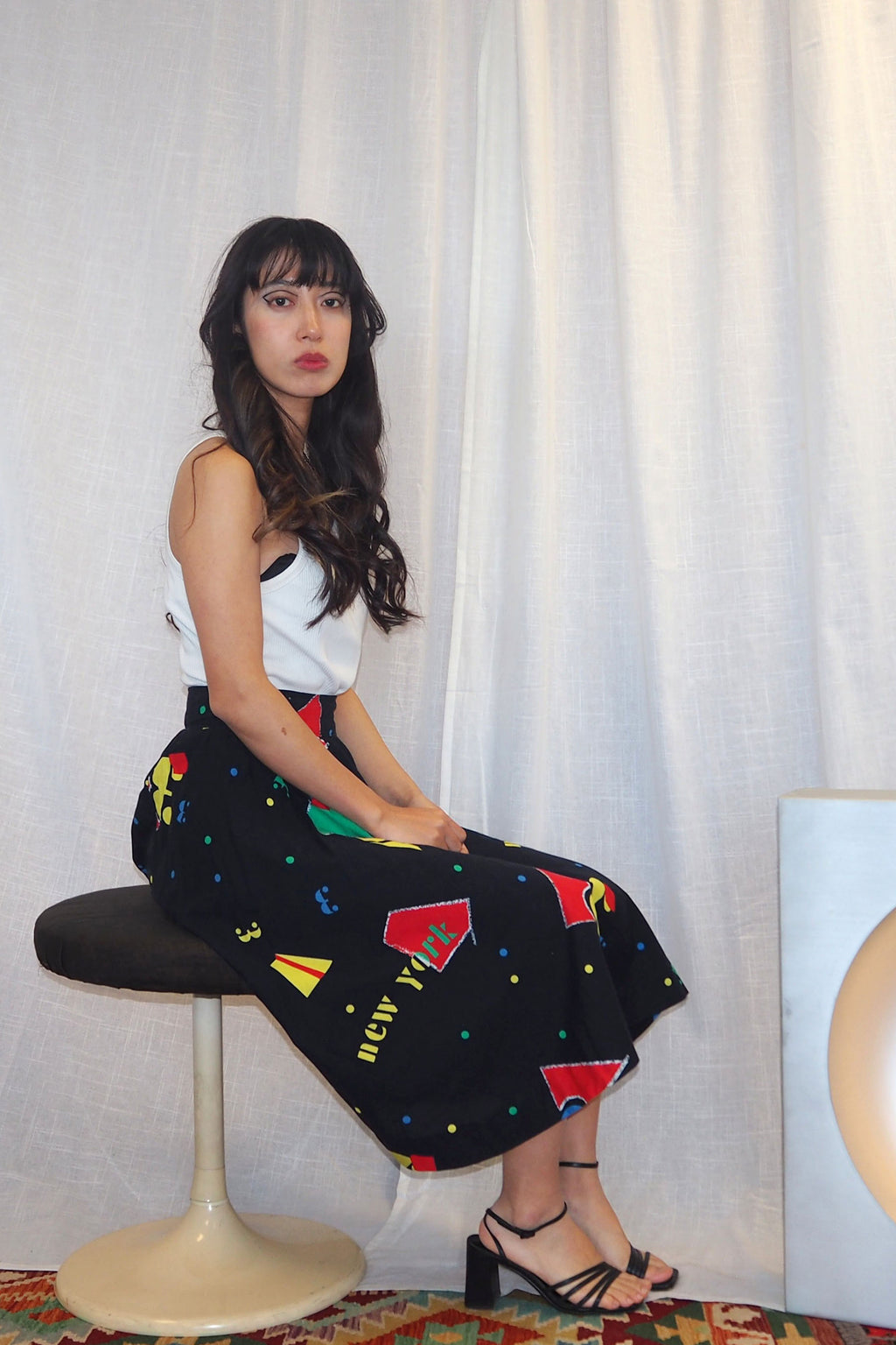 80's Geometric Pattern Circular Skirt Black