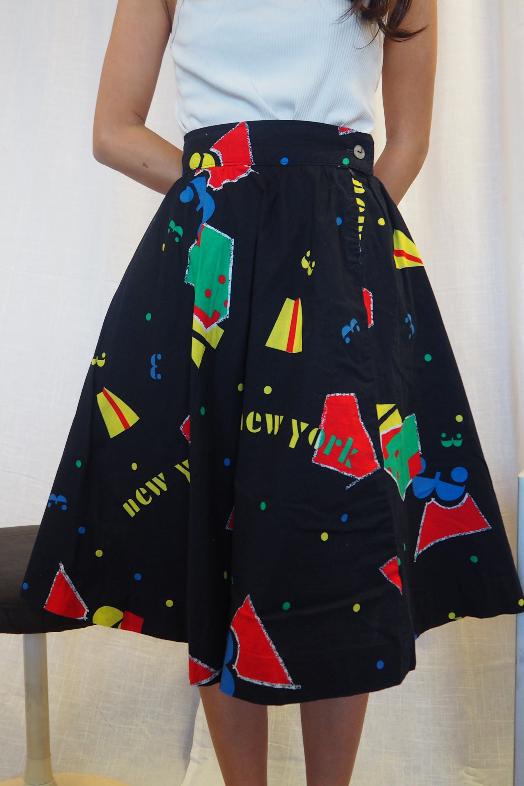 80's Geometric Pattern Circular Skirt Black