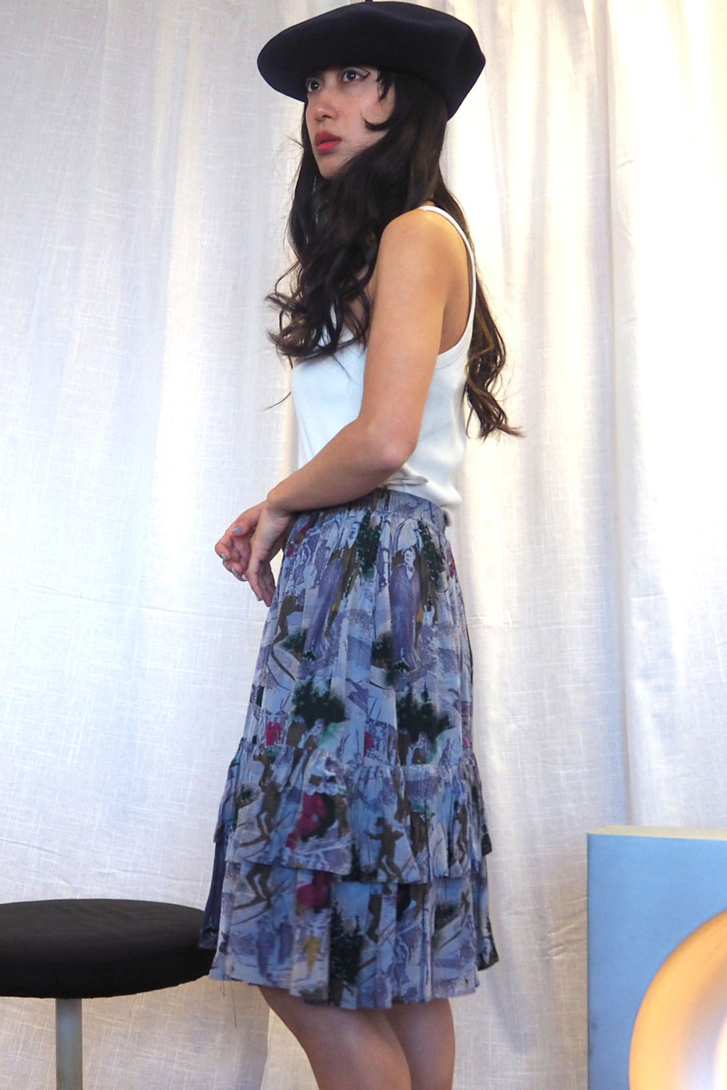 70's-80's Tuzzi Skier Print Ruffle Skirt Glay/Purple