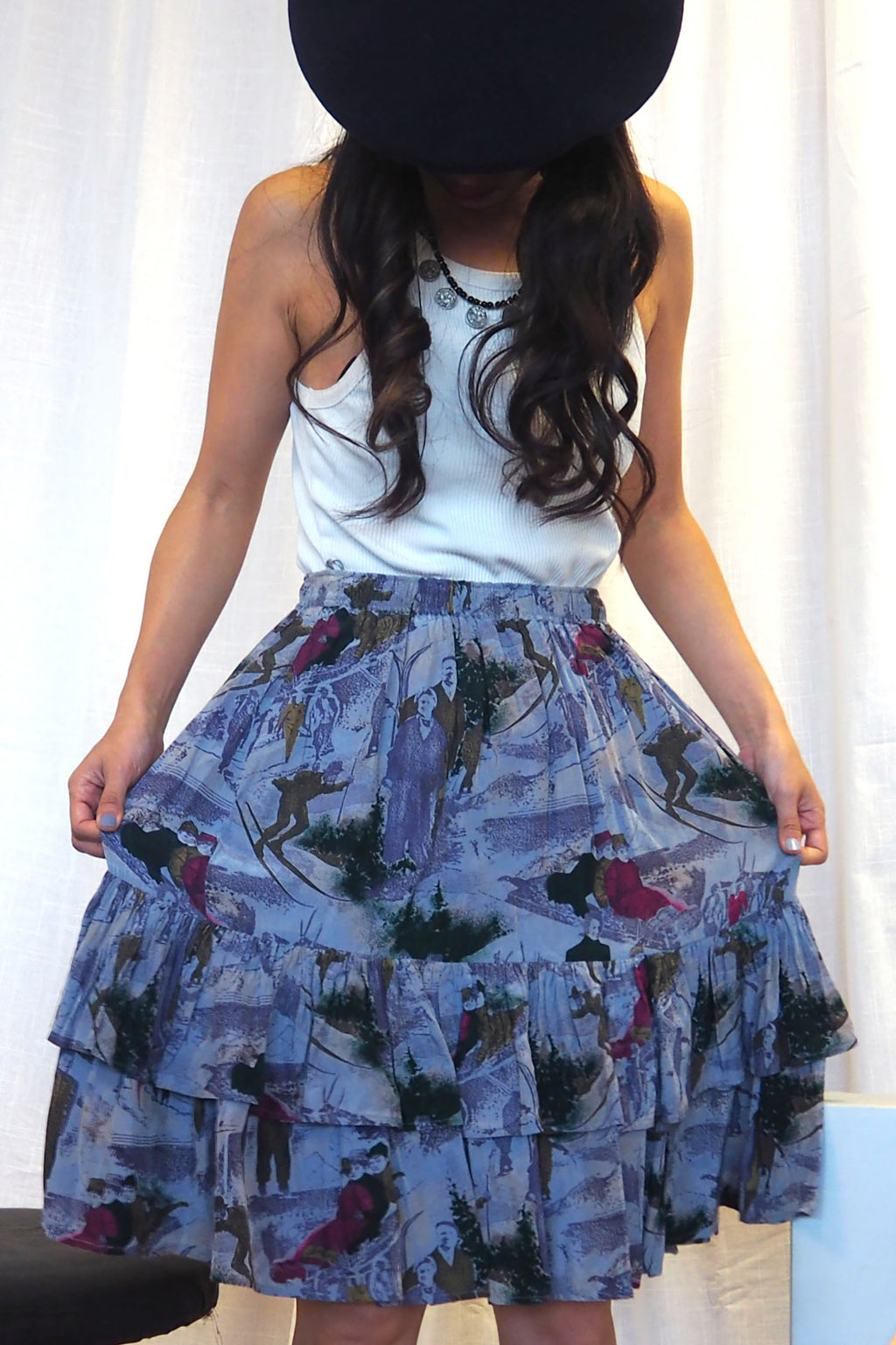 70's-80's Tuzzi Skier Print Ruffle Skirt Glay/Purple