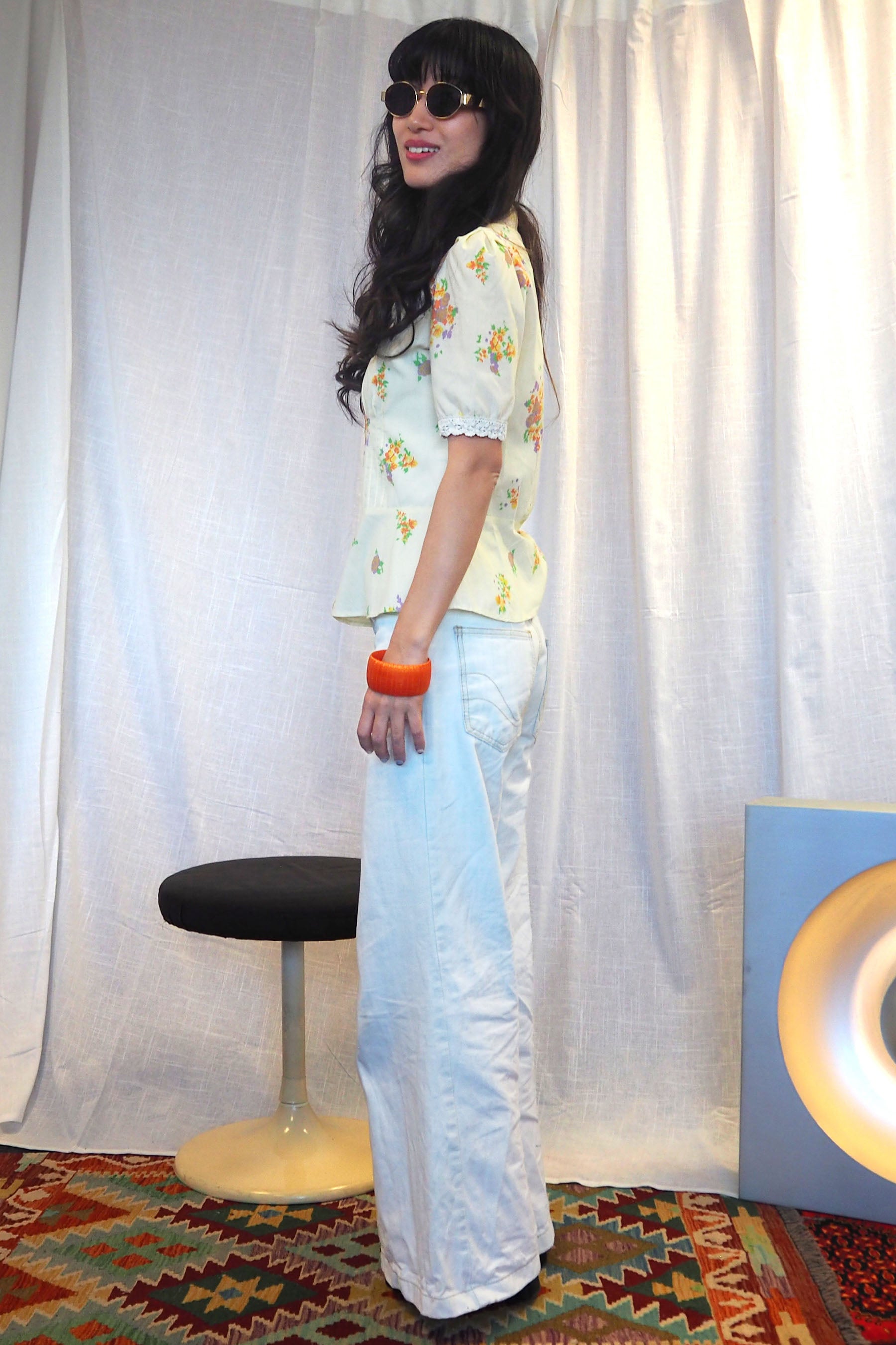 70's Exculsive Fashion Floral Half Sleeve Shirt Cream Yellow