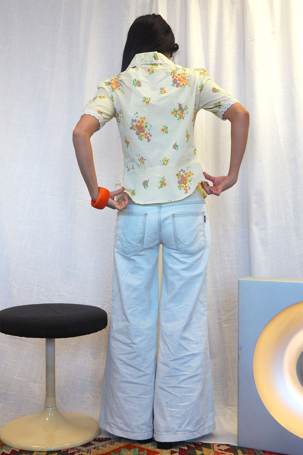 70's Exculsive Fashion Floral Half Sleeve Shirt Cream Yellow