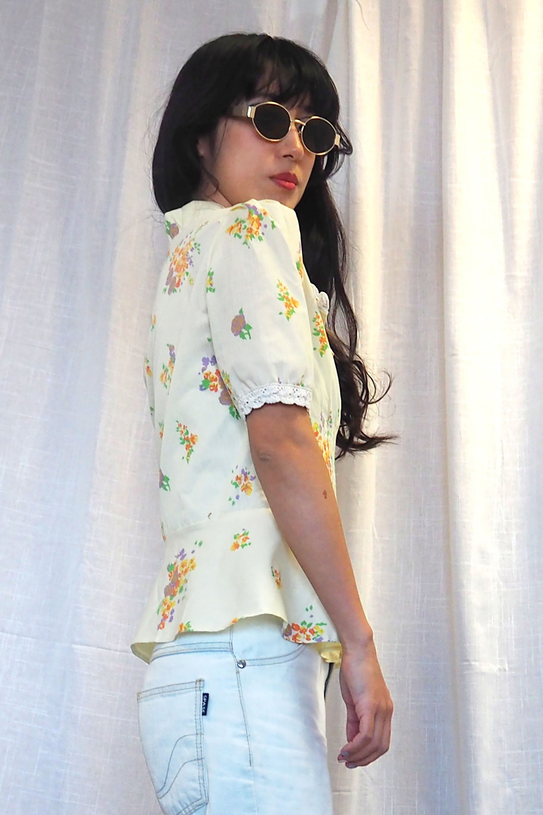 70's Exculsive Fashion Floral Half Sleeve Shirt Cream Yellow