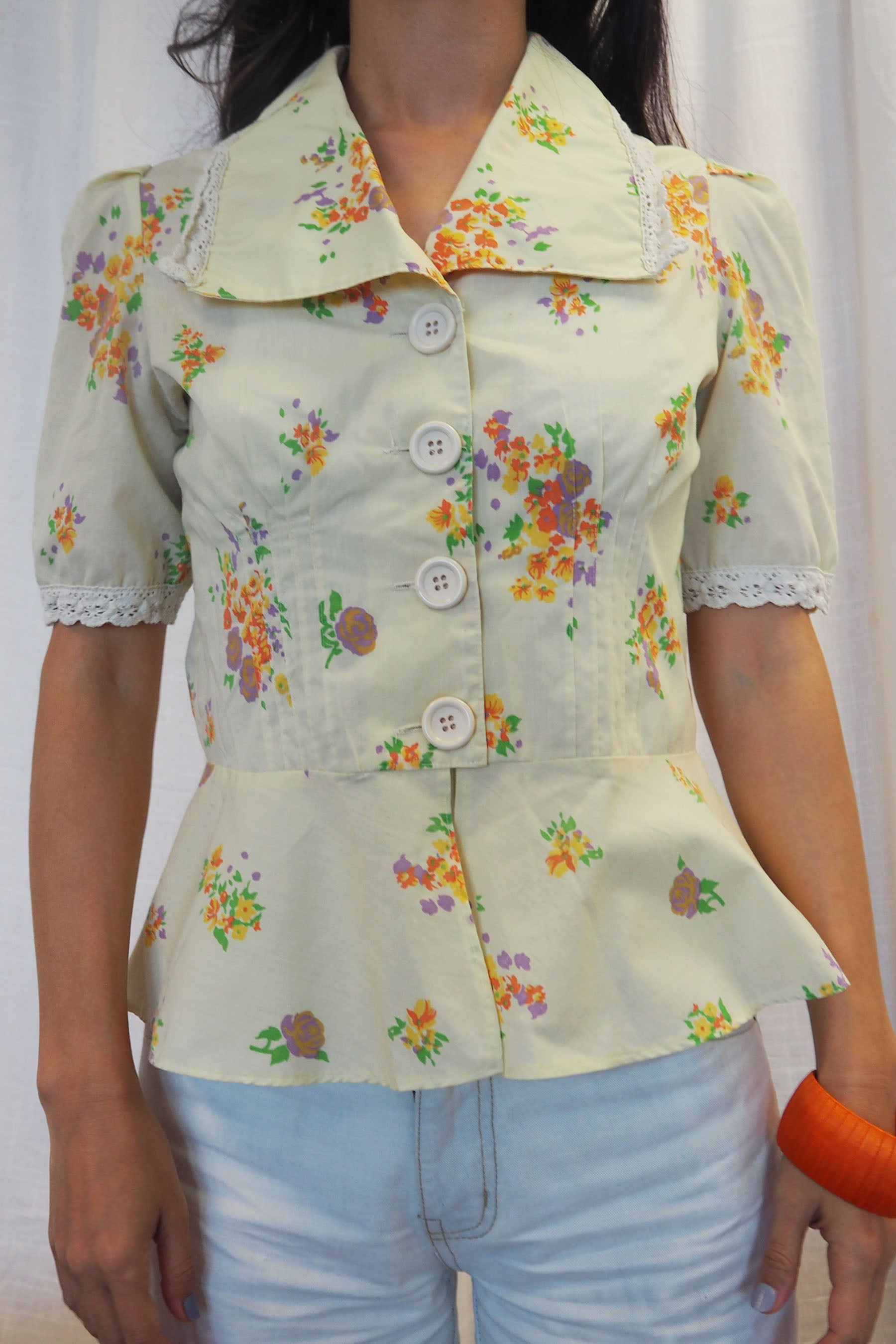 70's Exculsive Fashion Floral Half Sleeve Shirt Cream Yellow