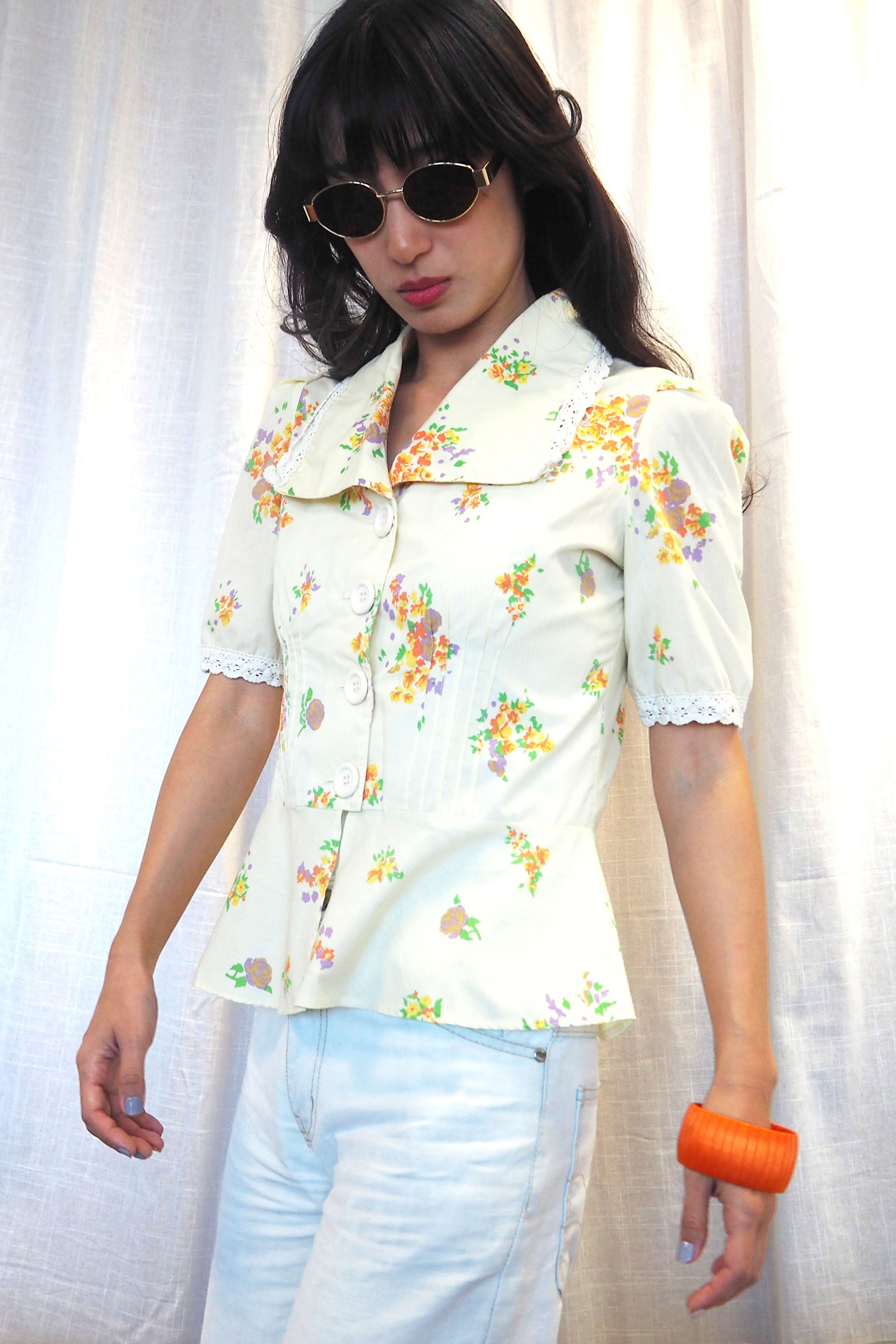 70's Exculsive Fashion Floral Half Sleeve Shirt Cream Yellow