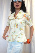 70's Exculsive Fashion Floral Half Sleeve Shirt Cream Yellow