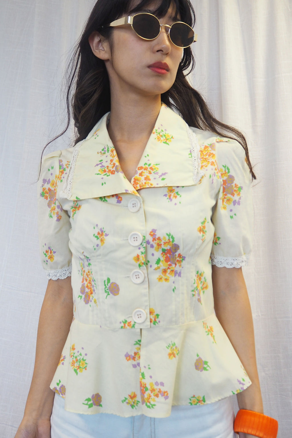 70's Exculsive Fashion Floral Half Sleeve Shirt Cream Yellow