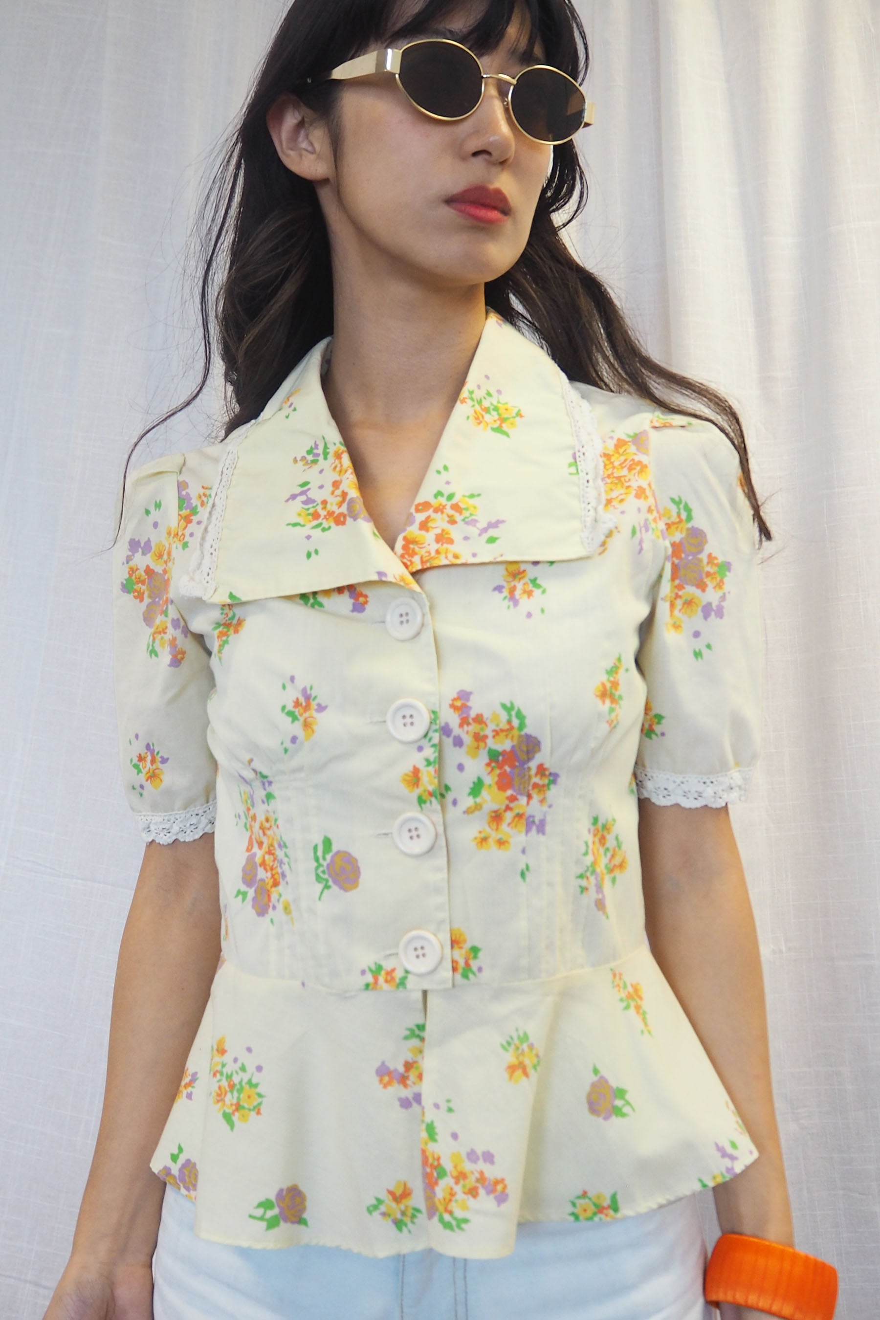 70's Exculsive Fashion Floral Half Sleeve Shirt Cream Yellow