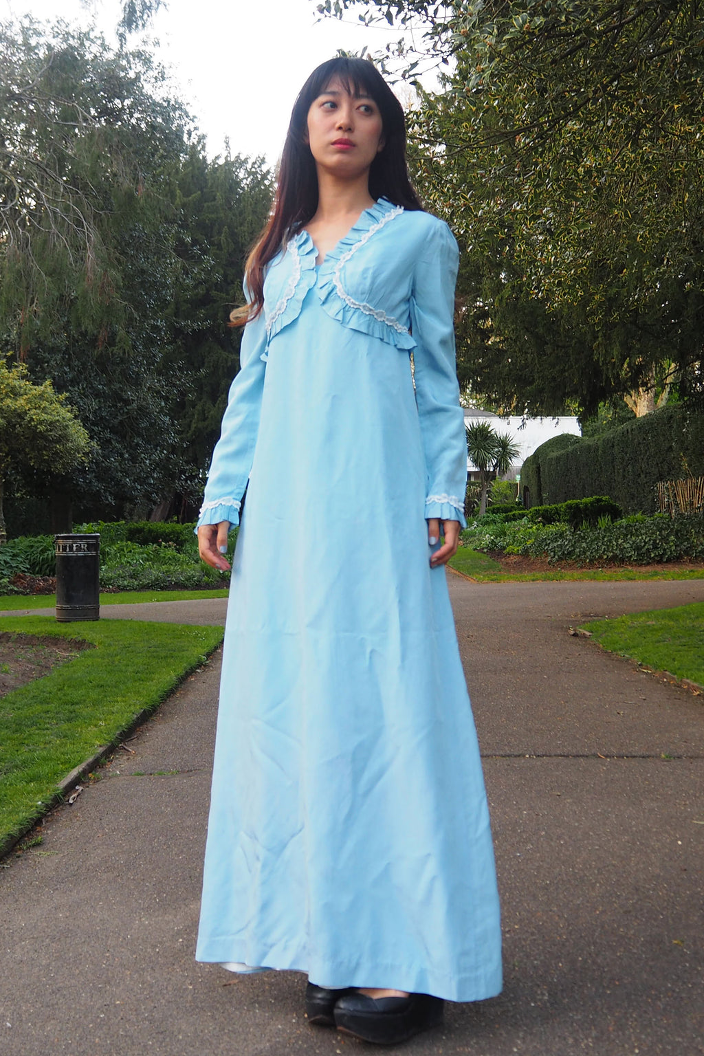 70's QUAD Romantic Ruffle Dress Light Blue