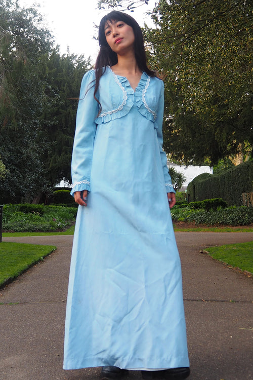 70's QUAD Romantic Ruffle Dress Light Blue