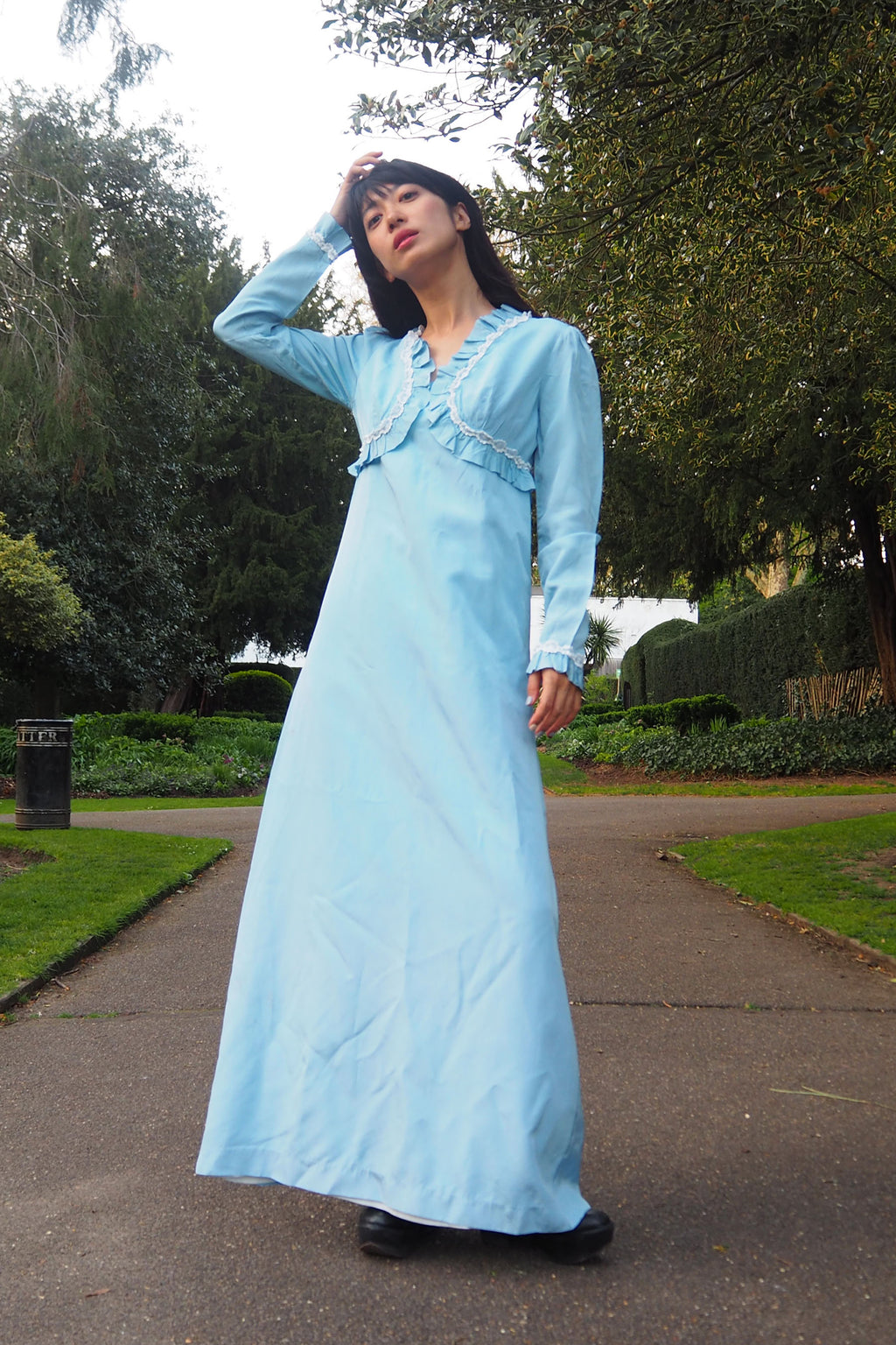 70's QUAD Romantic Ruffle Dress Light Blue