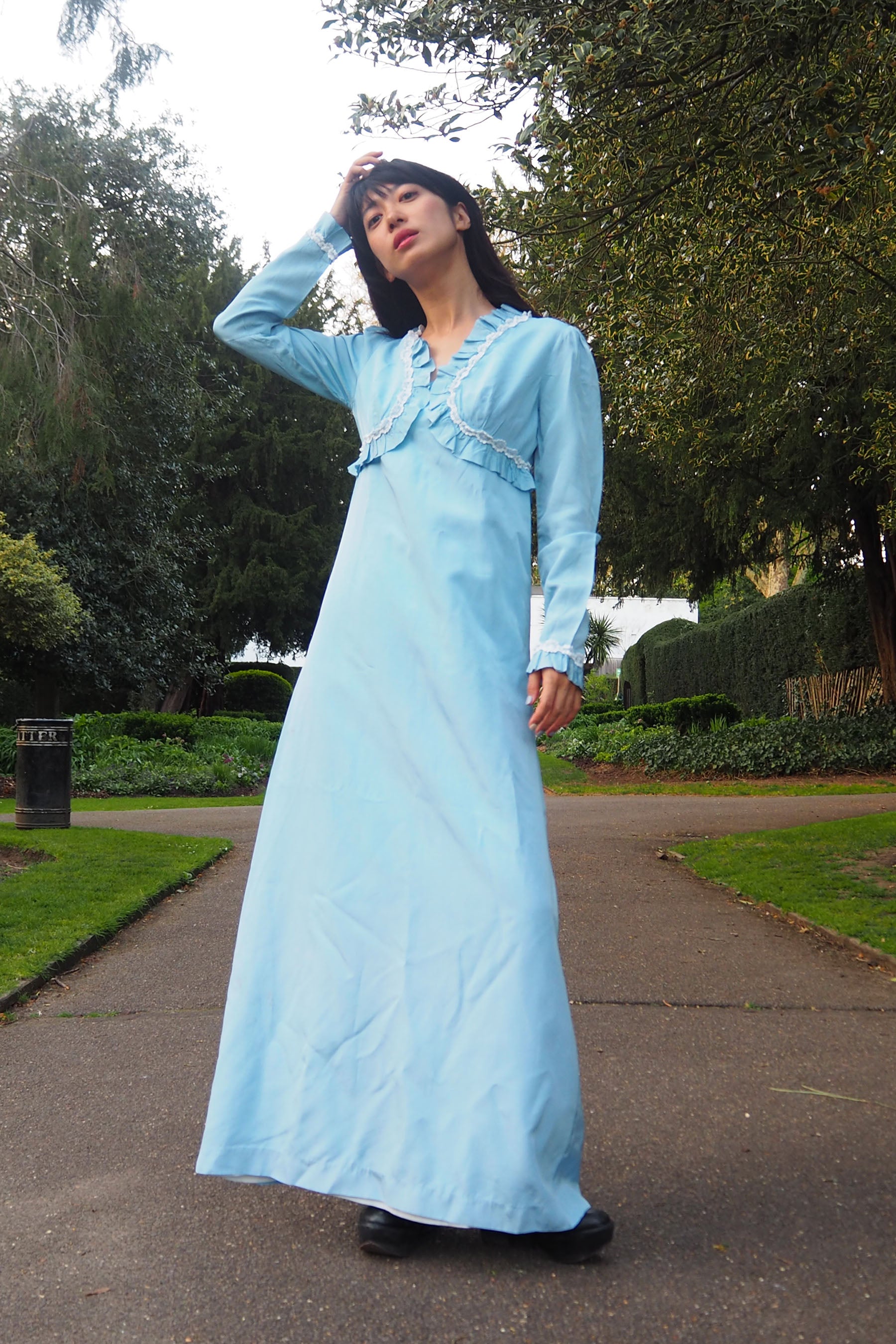 70's QUAD Romantic Ruffle Dress Light Blue