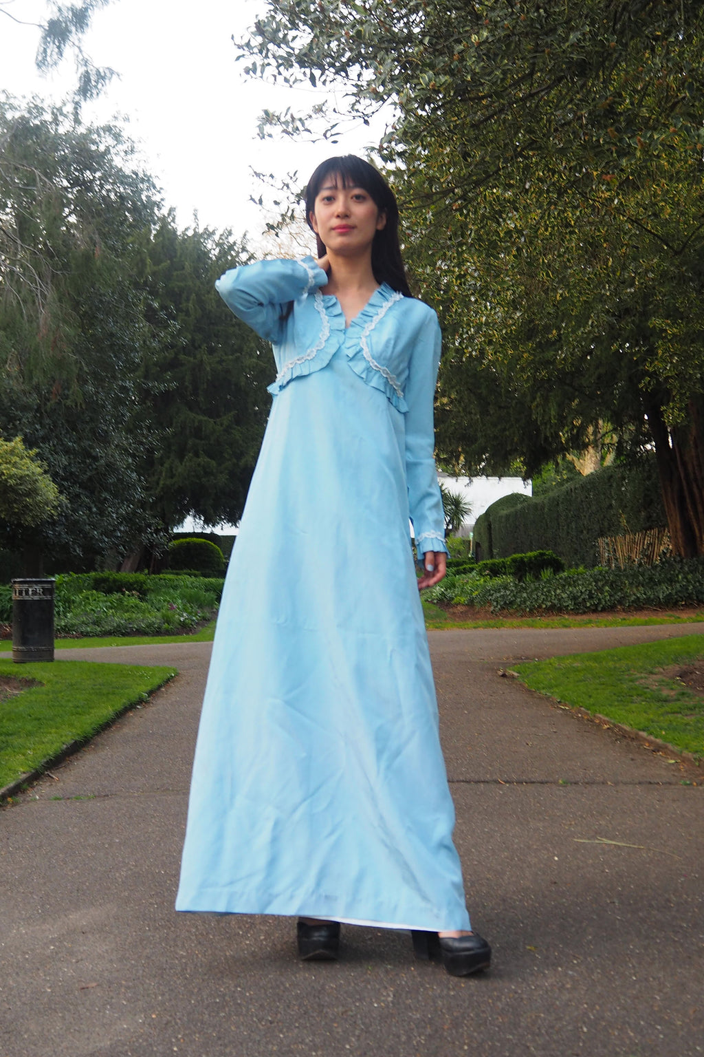 70's QUAD Romantic Ruffle Dress Light Blue