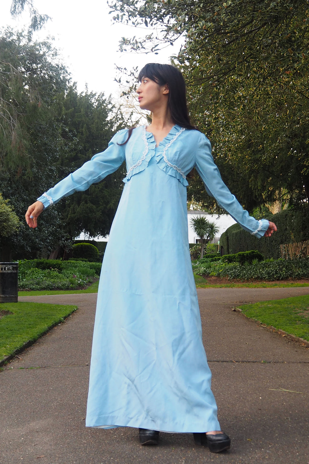 70's QUAD Romantic Ruffle Dress Light Blue