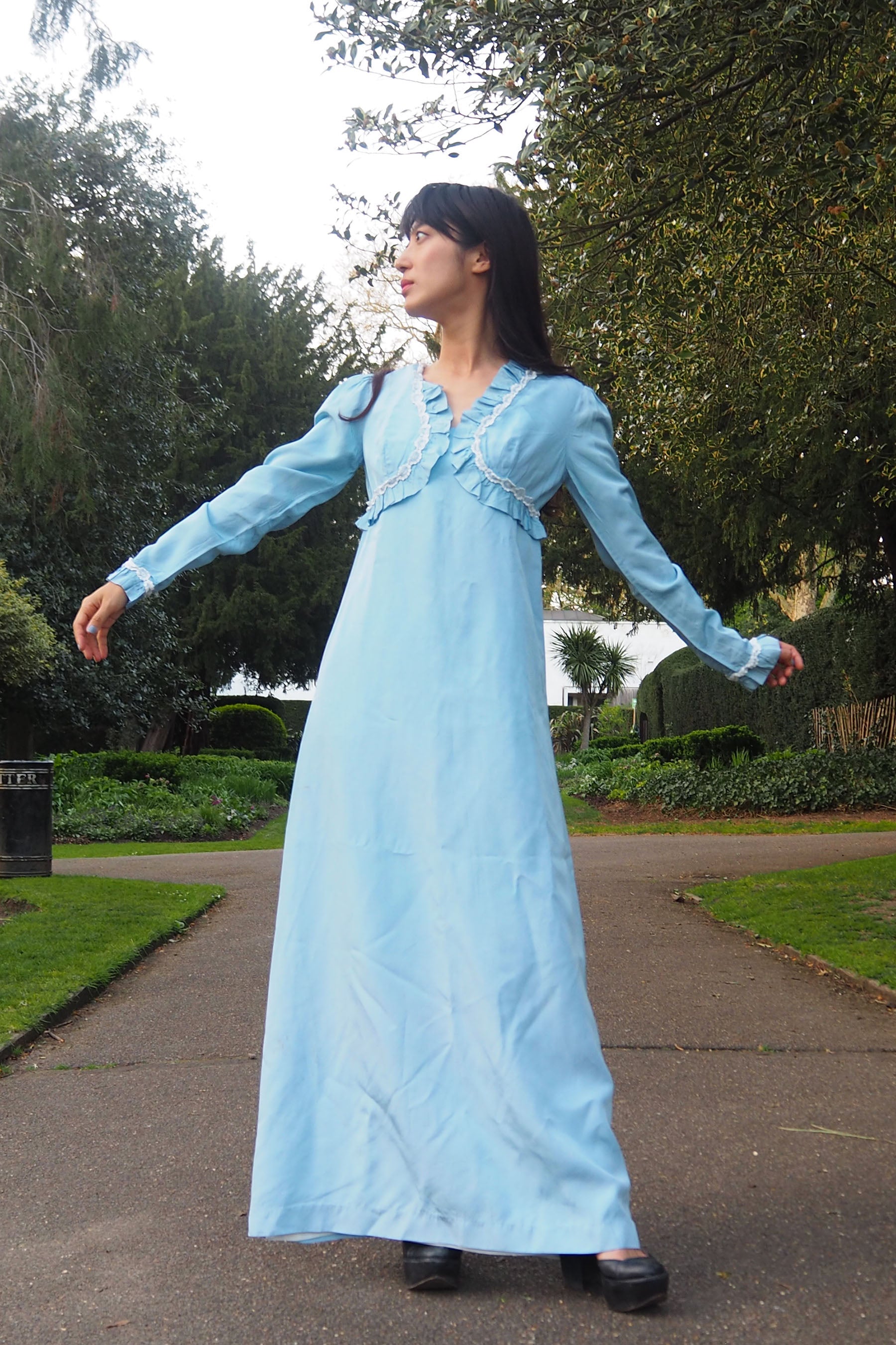 70's QUAD Romantic Ruffle Dress Light Blue