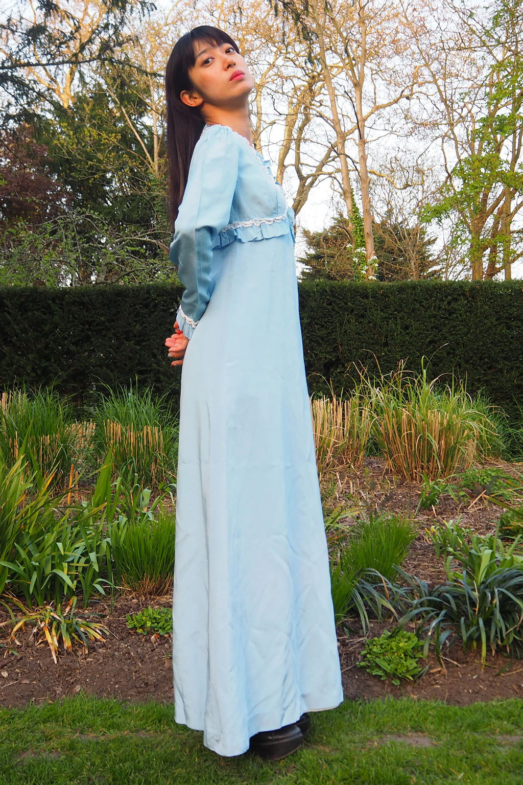 70's QUAD Romantic Ruffle Dress Light Blue