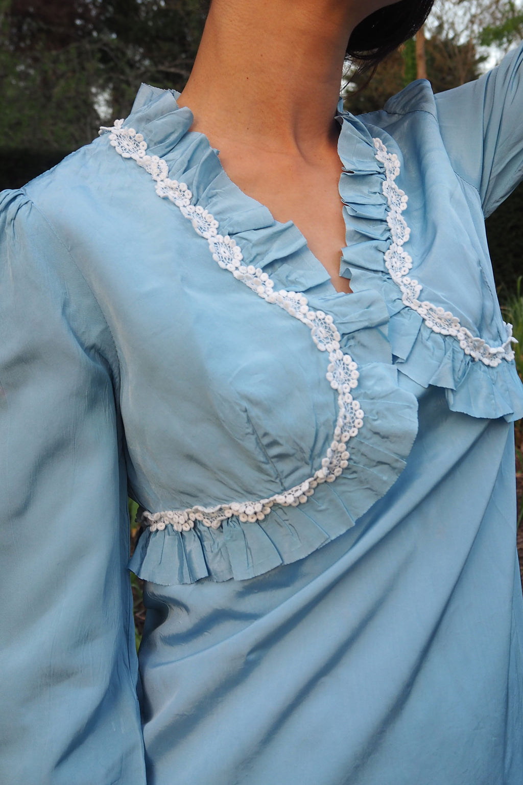 70's QUAD Romantic Ruffle Dress Light Blue