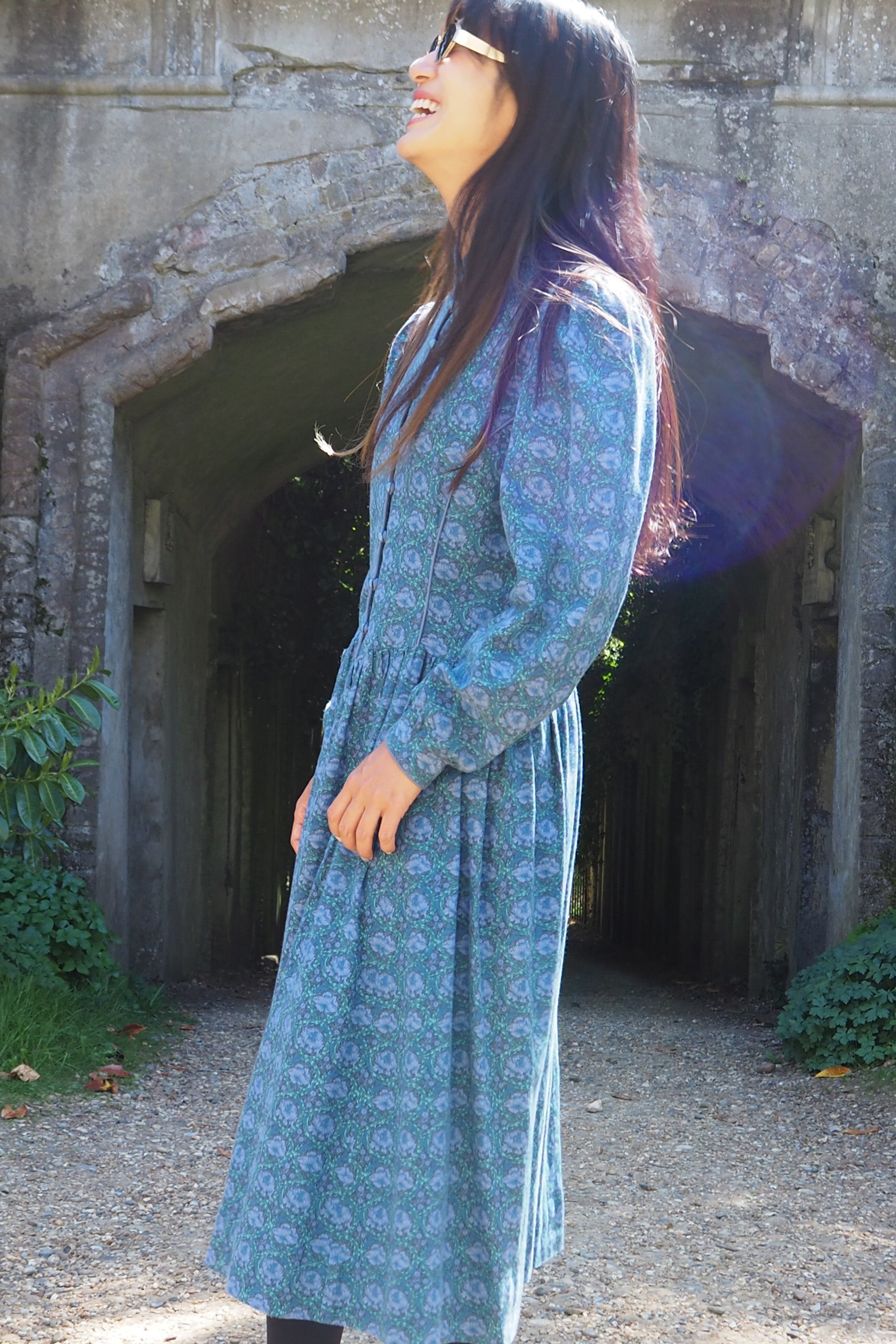 70's Marion Donaldson Liberty Print Prairie Dress Blue