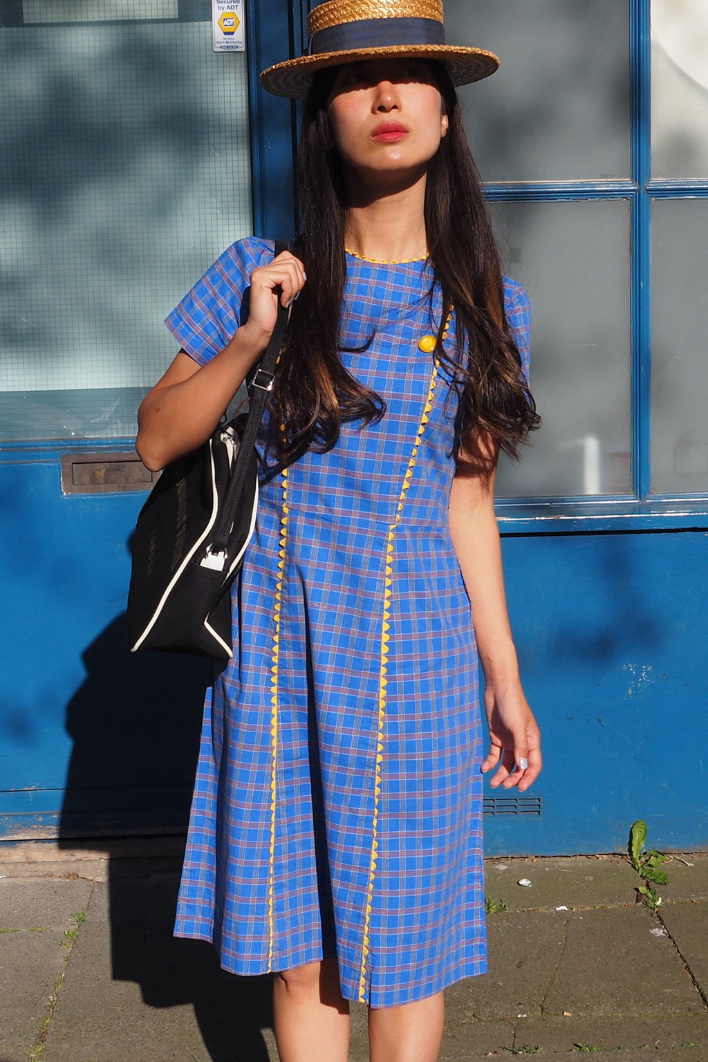 60's Box Check Short Sleeve Midi Dress Blue