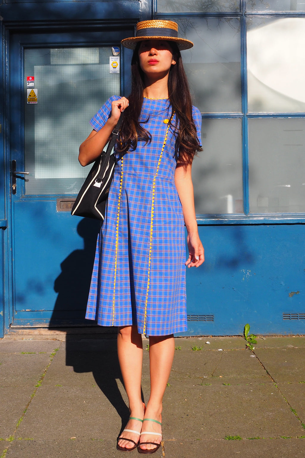 60's Box Check Short Sleeve Midi Dress Blue