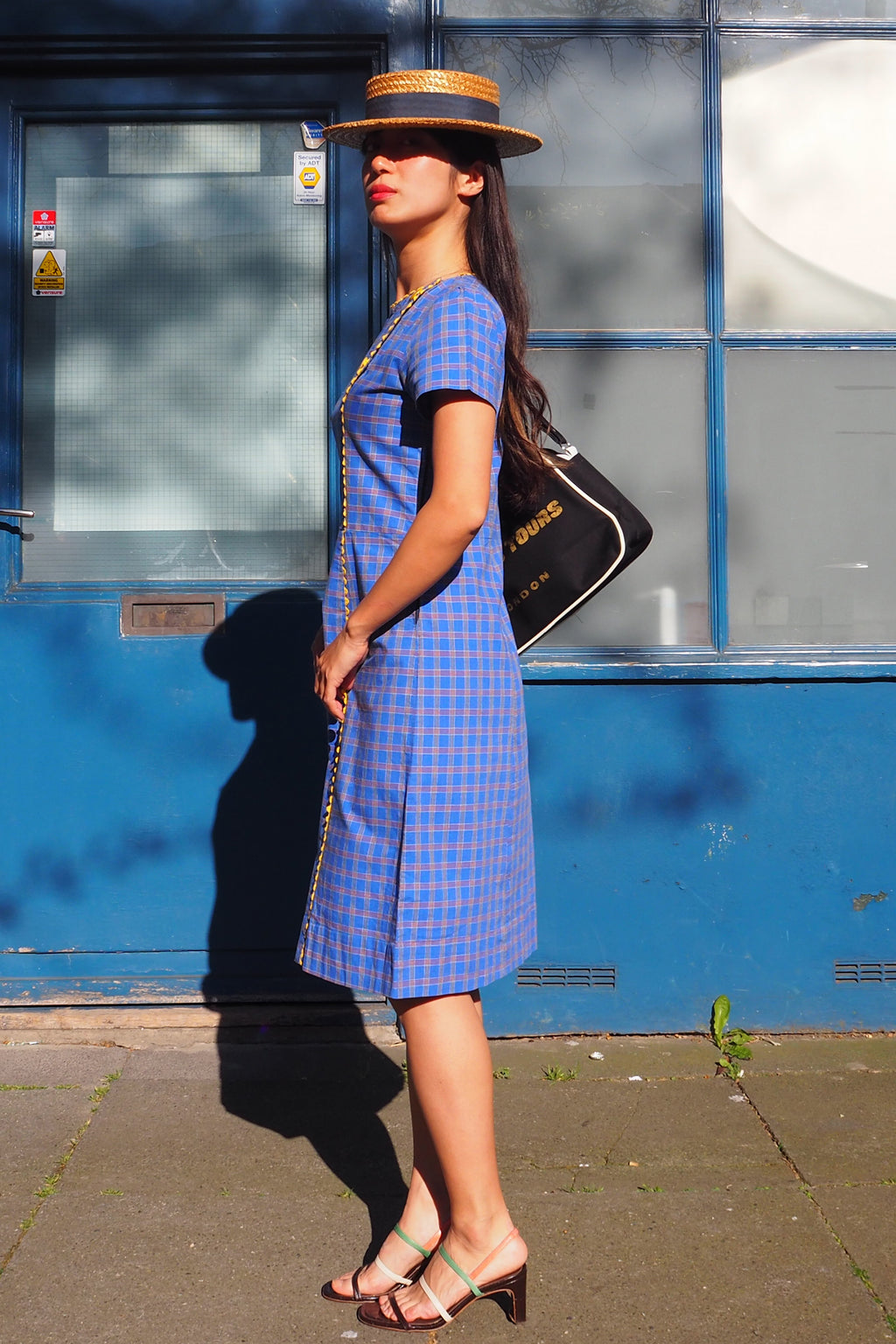 60's Box Check Short Sleeve Midi Dress Blue
