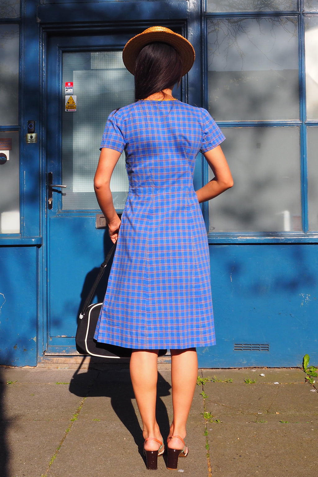 60's Box Check Short Sleeve Midi Dress Blue