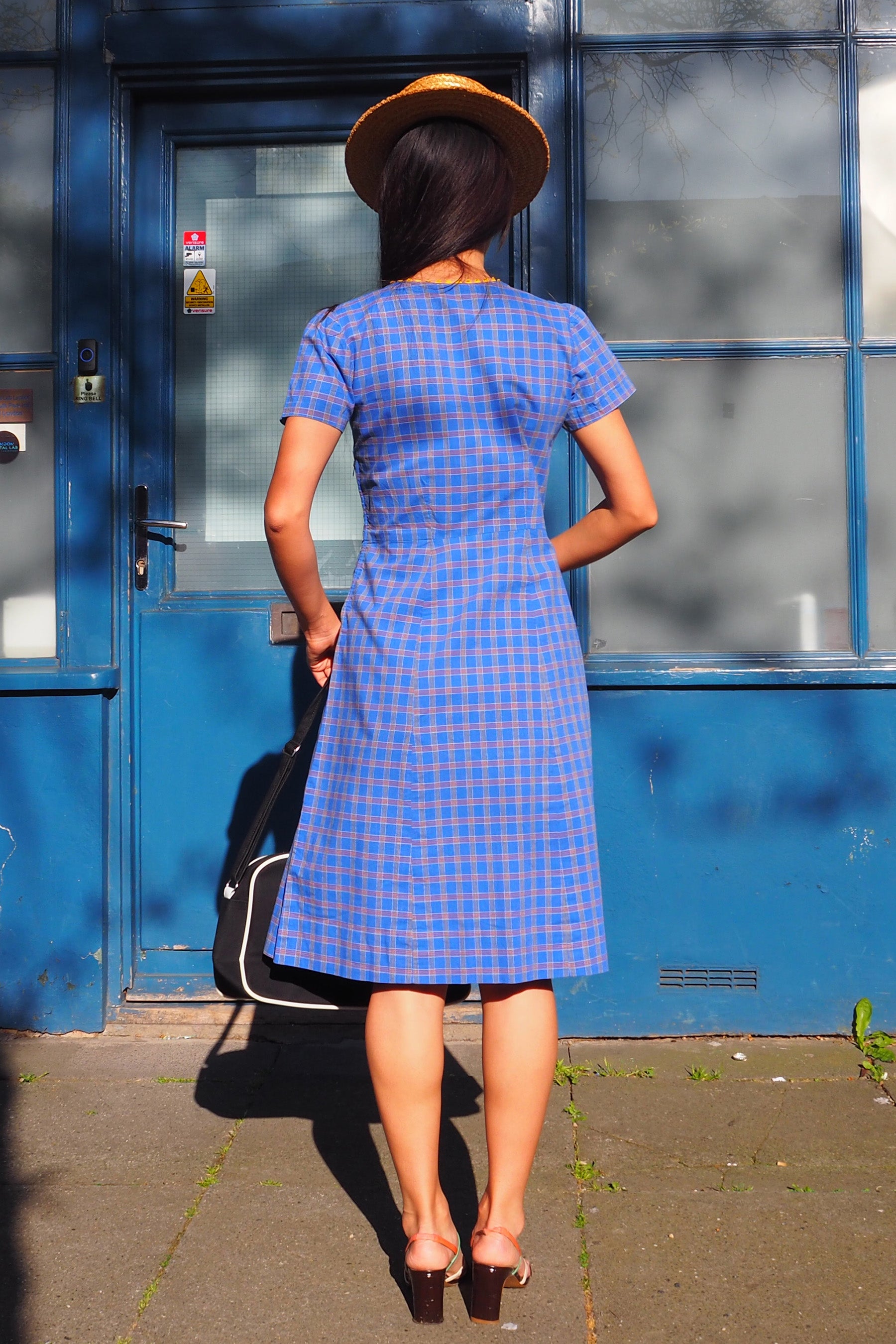 60's Box Check Short Sleeve Midi Dress Blue