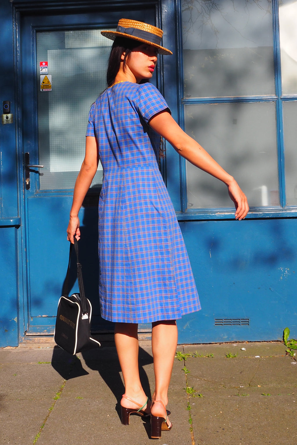 60's Box Check Short Sleeve Midi Dress Blue