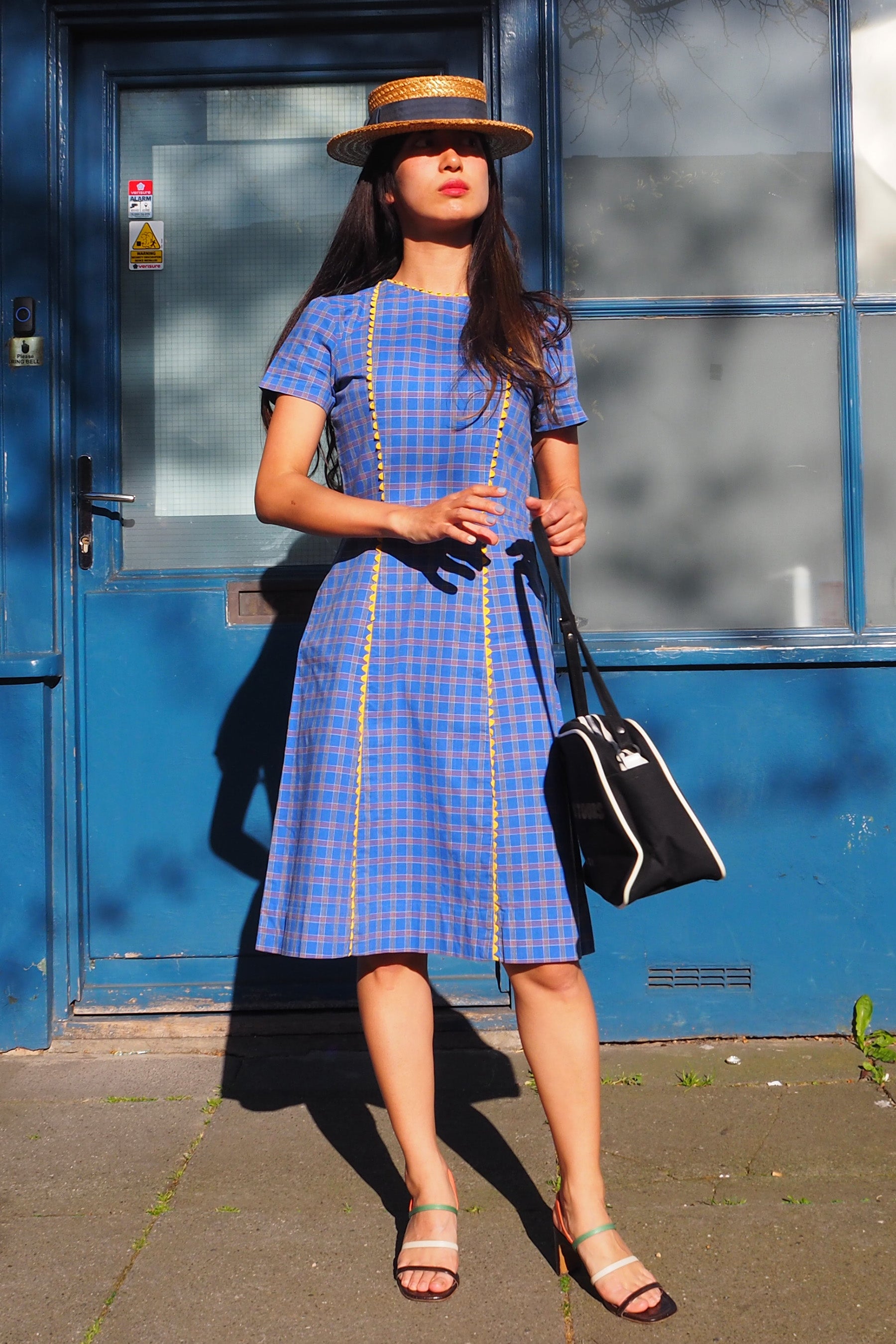 60's Box Check Short Sleeve Midi Dress Blue