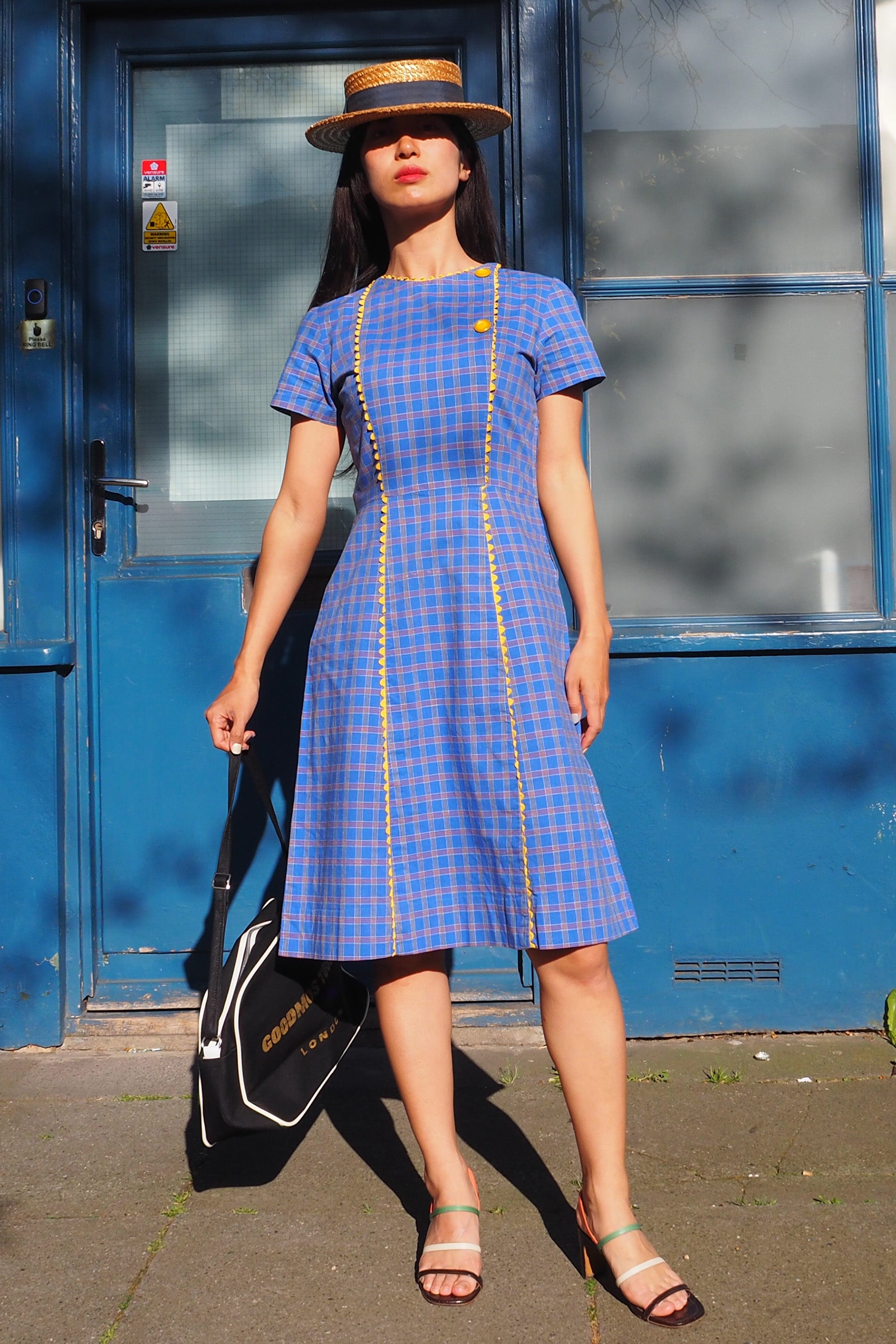 60's Box Check Short Sleeve Midi Dress Blue
